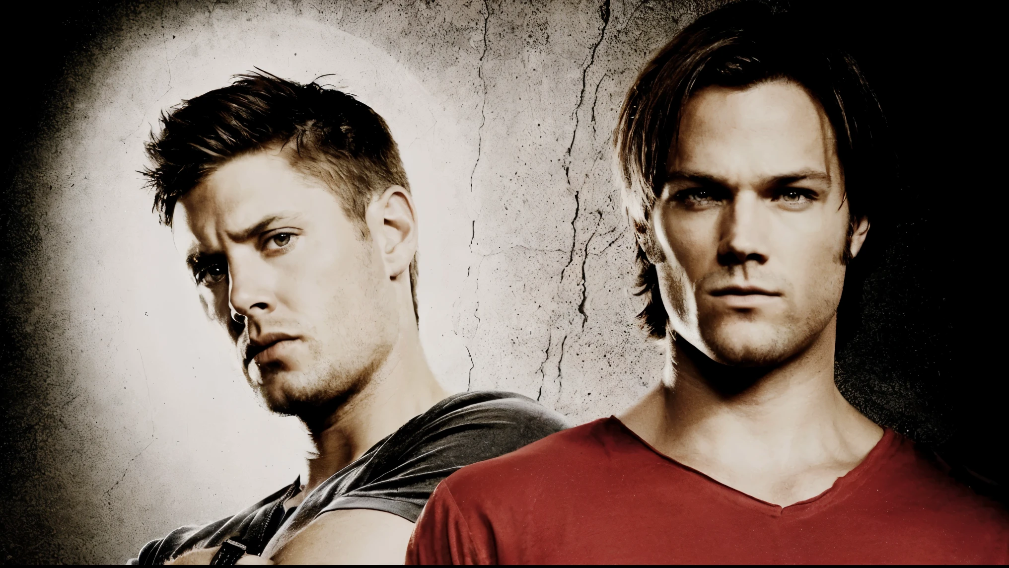 (best quality,4k,highres:1.2),ultra-detailed,realistic,professional,Dean and Sam Winchester staring forward, serious expressions,portrait,gritty,dark and moody lighting,sharp focus,detailed facial features,expressive eyes,tough-looking,facial hair,leather jackets,serious demeanor,intense gazes,muscular build,dramatic atmosphere,epic scene,menacing background,ominous mood,cinematic style,naturalistic color palette