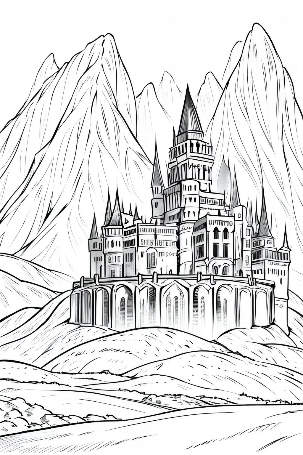 medieval dnd fantasy castle, castle on a hill, mountains in the background,  very light colored grey scale