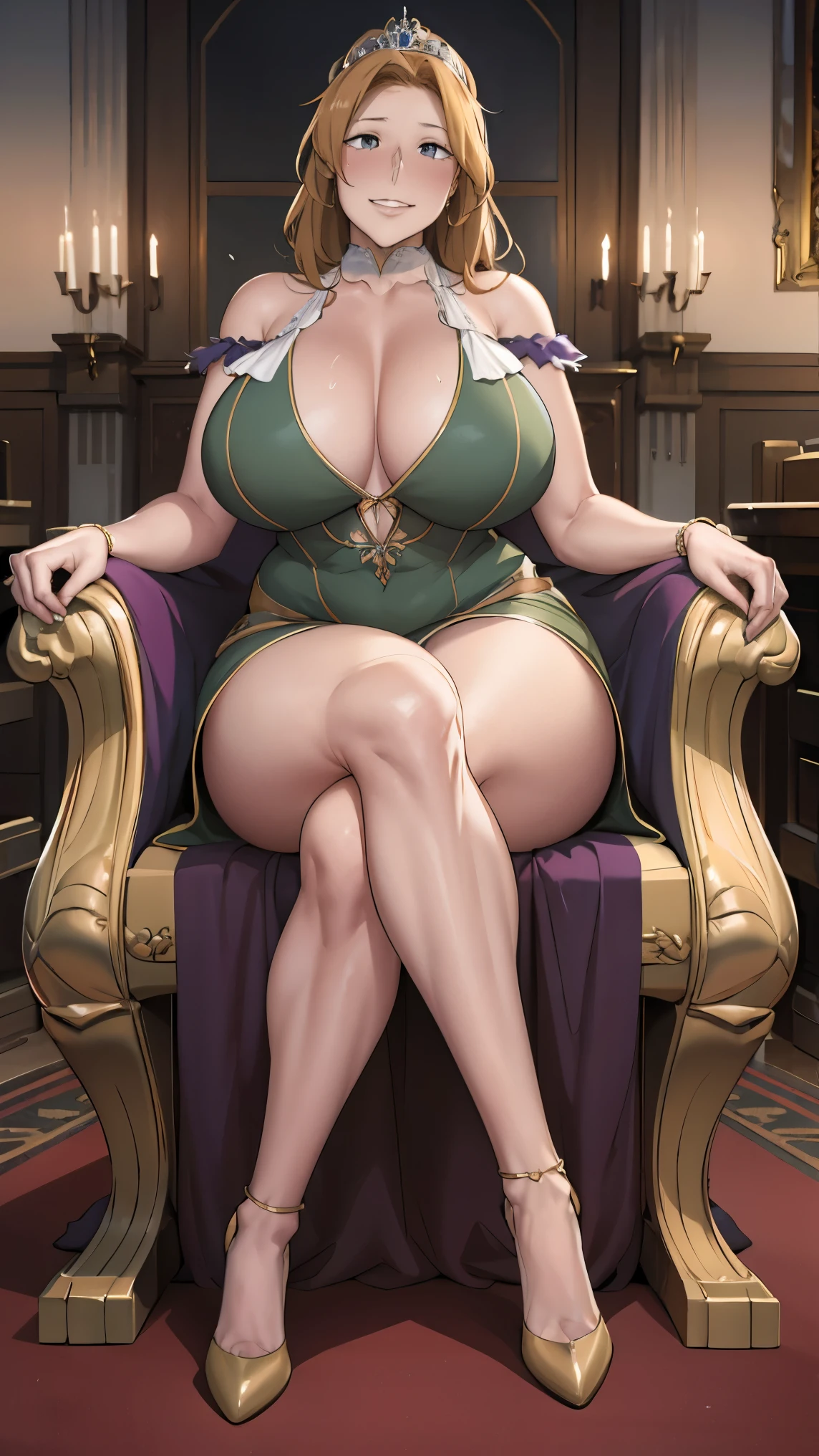 queenly green dress with extremely generous cutout, motherly-milf, soft mature expression, runnette-chestnut middle-long hair, queenly tiara, sexy sweaty glistening armpits:1.2, stilletto queenly high-heels, ((midnight)), (at isekai-fantasy castle hall at midnight), feisty woman, anime cels style, best quality, high resolution, 1girl, inspired by ntrman's work: queen who adopted a goblin, sweating, (bountiful generous breasts), swaying breasts:1.1, fleshy build, big thick arms, beautiful face, middle-long luscious brunnette-beige hair:1.1, half-lidded eyes, light-colored pupils, thin smile, [motherly face], Beautiful long legs, Beautiful body, Beautiful Nose, Beautiful character design, bangs, purple eyes, ((bushy pubic hair:1.25)), sitting on the queen's throne - legs apart:1.35, 1hand swaying hair enticingly, (looking at viewer), cowboy shot, front-view full body photo:1.1, -auto