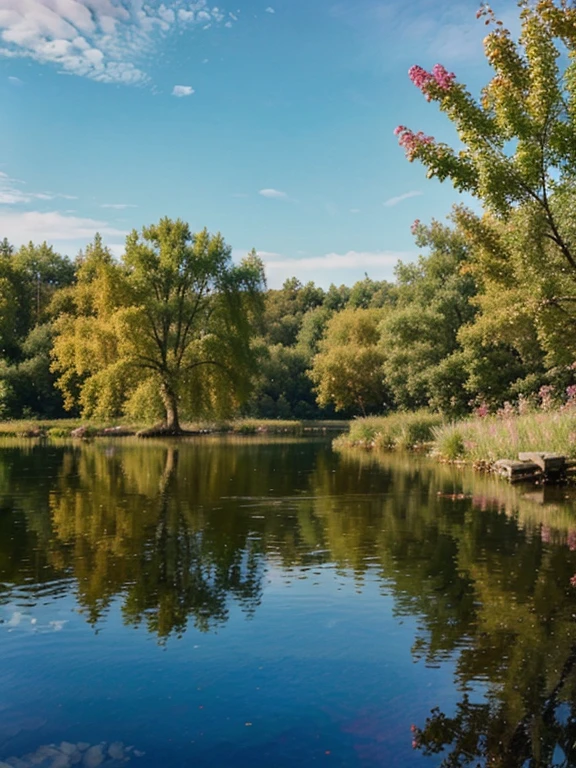 Impressionist colourful watercolour background of lakes and tree in the style of claude monet