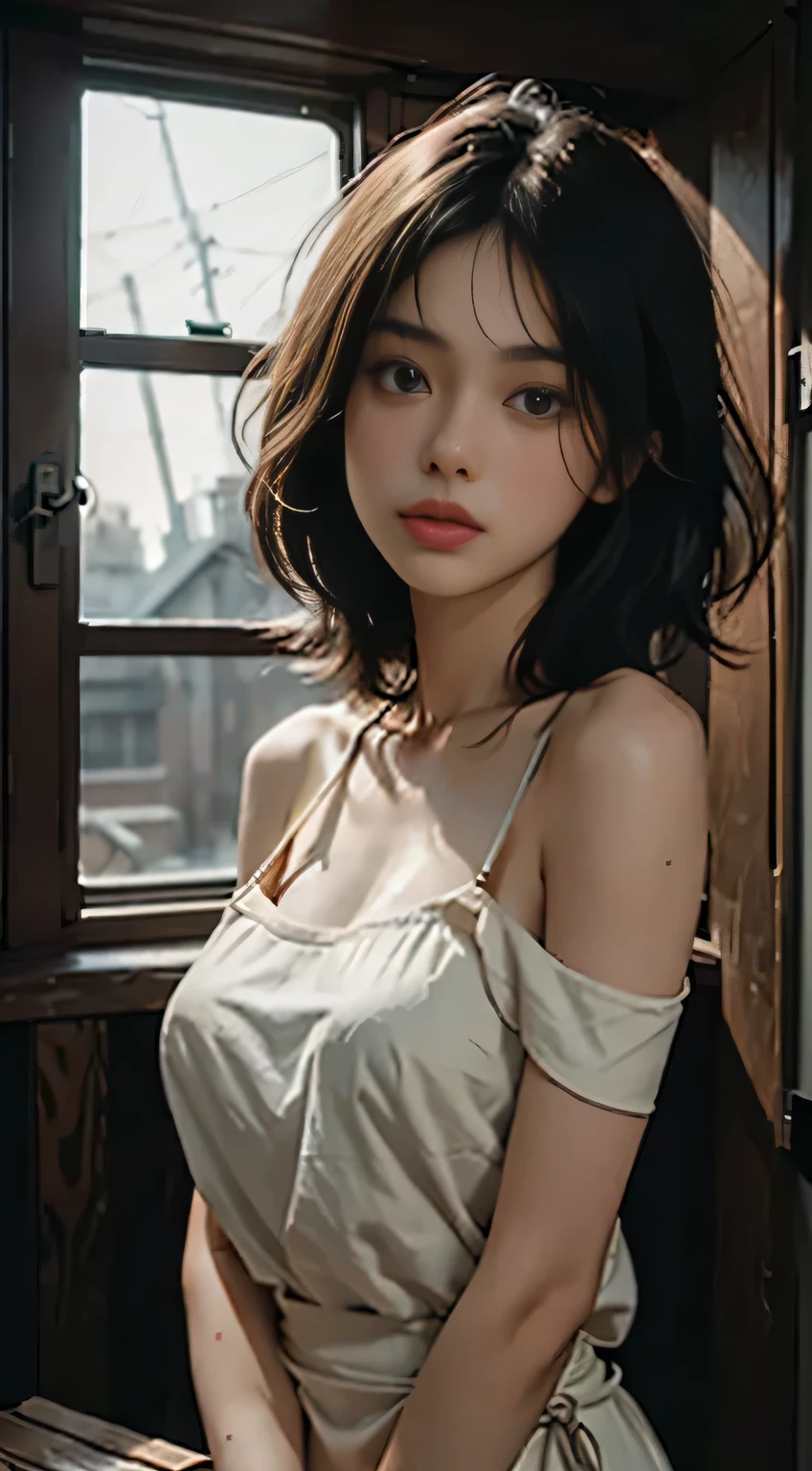 best qualtiy，tmasterpiece，Ultra-high resolution，（fidelity：1.4），RAW photogr，1girl，cropped shoulders，cinmatic lighting，warm lights，watered eyes, In a large wooden crate.