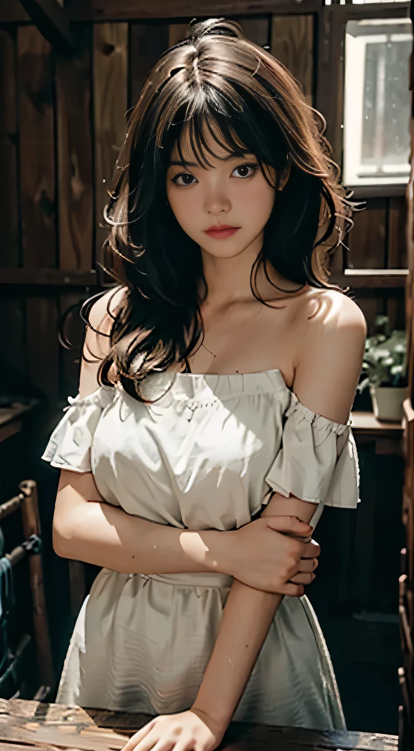 best qualtiy,tmasterpiece,Ultra-high resolution,(fidelity:1.4),RAW photogr,1girl,cropped shoulders,cinmatic lighting,warm lights,watered eyes, In a large wooden crate.