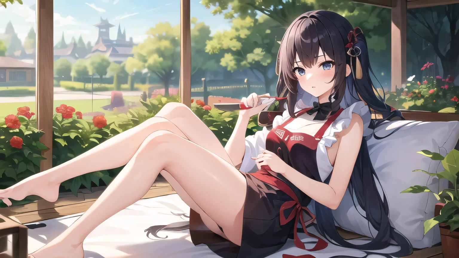 1 Girl, Solitary, masterpiece, best quality, 8k, , Garden of Eden Background, Wearing only a Japanese apron, Bare legs, Sexy legs, Attractive thighs, Slightly red face