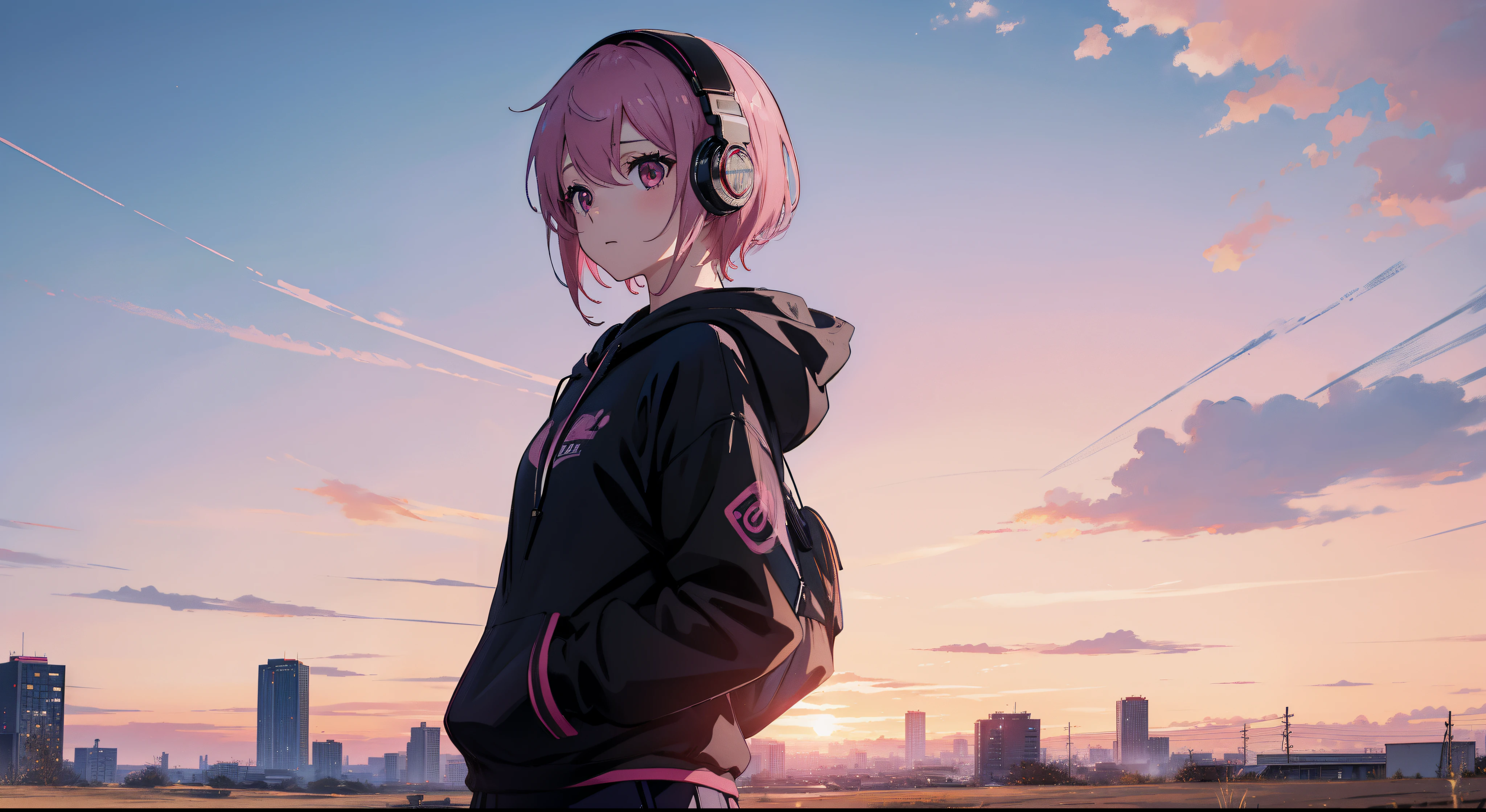 masterpiece、top-quality、Movie stills、1girl in、gotou hitori, gotou1,animesque、Pink shorthair、Pink hair、eyes large、singers、illustratio、Black hoodie、microphone、headphones、kawaii、Large grasslands、Sunset in the city(Spark:0.7)、Background like Makoto Shinkai