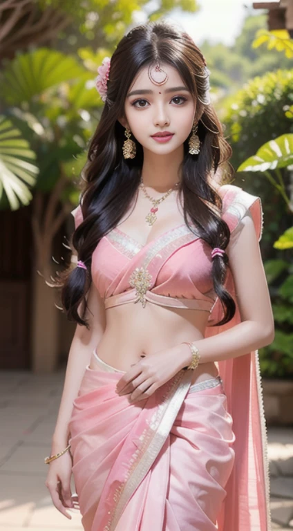 8K, ultra high detailed, an indian girl, cute face, happy, long hair, impressive hairstyle, detailed eyes, detailed lips, indian clothes, saree, pink saree, lace, wearing jewellery, nature background, flowers, afternoon, shadow, clear weather, whole body capture,