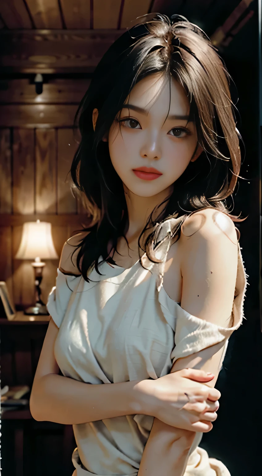 Highest image quality、Masterpiece level、Ultra-high sharpness、fidelity:1.4，photoshoot，A girl appears[（grieves）]，Moist eyes，Moist skin，In a white blouse shirt，(The scene is dim、darkly，Present despair、pitying、Feeling of pity)。Like a movie，With tears，(There are tears on the face)。There are tears on the clothes:1.4，drenched clothes:1.5，Squat on the ground，and bare shoulders。It's really raining，The hair is soaked。