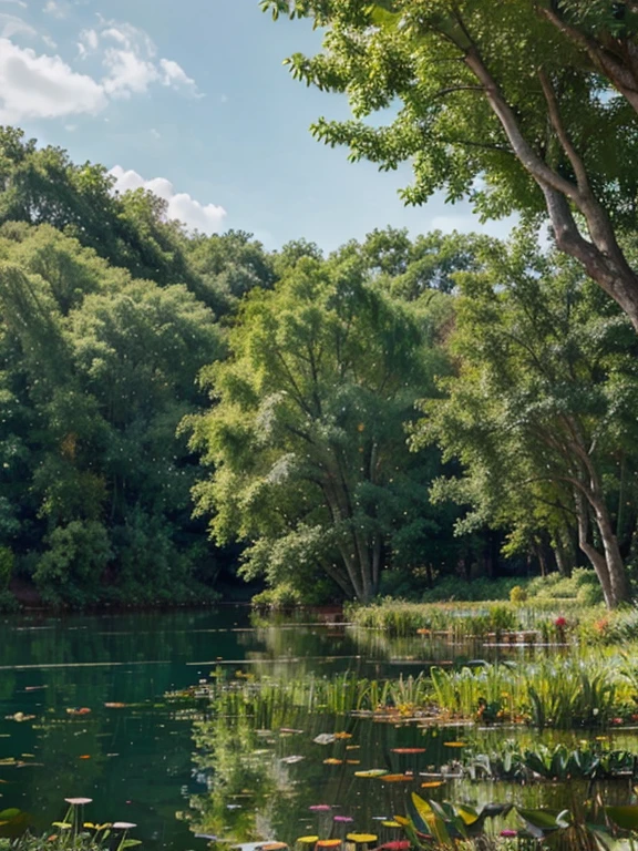 Generate a vibrant, impressionistic watercolor backdrop depicting serene lakes and lush trees, inspired by the distinctive style of Claude Monet.