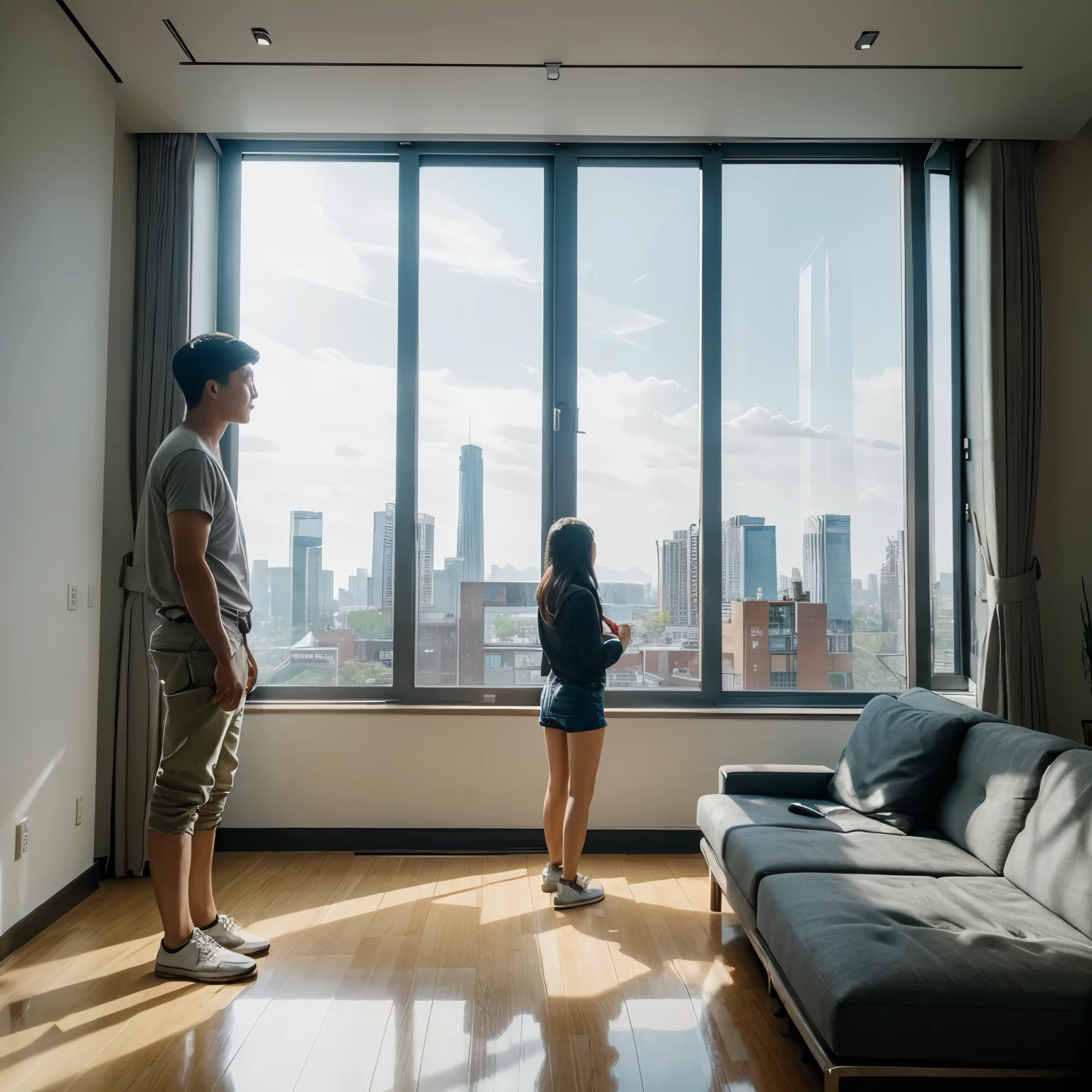 A young Asian couple standing in a spacious and bright living room,sofa,Trendy home furnishing,Looking out the window, Floor-to-ceiling windows, Overlooking the modern and prosperous city,Skyline seen from the window, Broad film vision, Realistic and lifelike images