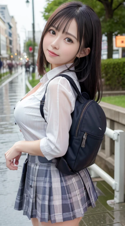 (In 8K、Raw photo、highest quality、masterpiece:1.2)、Ultra-detailed、Live-action girl、High school girl walking in the city with happy expression、She was wearing a white blouse and、、Heat comes out above the three buttons of the blouse., I can see her cleavage.、Wearing a short blue checked uniform skirt、In his left hand he is holding a black backpack、Raw Video、Cute in real life、(Clothes are see-through in the rain)