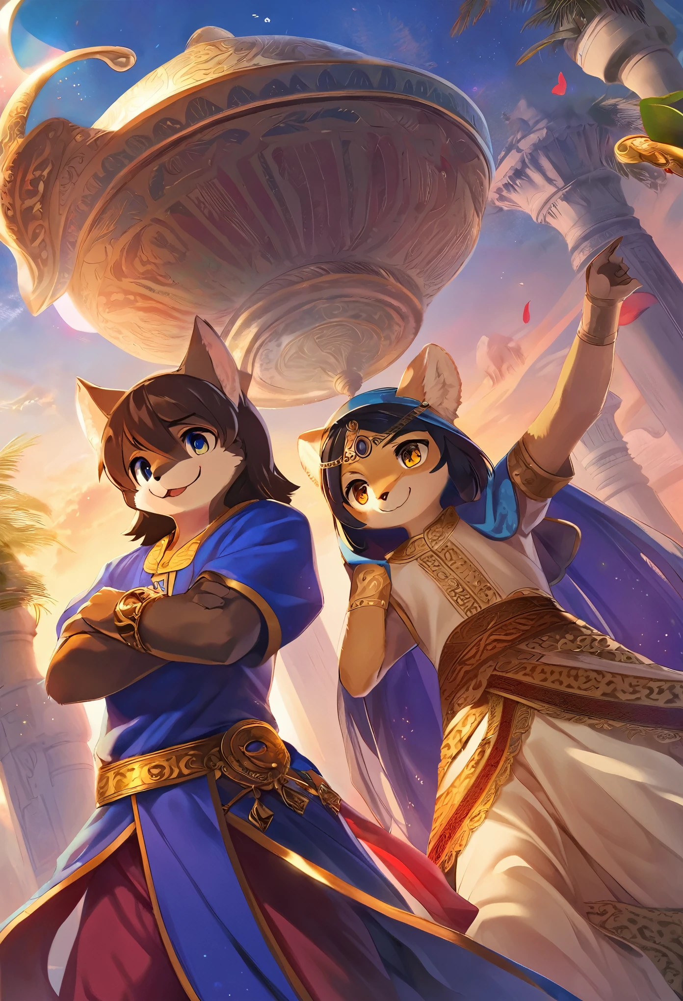 top quality, best quality, High-quality illustrations, masterpiece, super high resolution, detailed background, detailed background, Aladdin, The Arabian Nights' Entertainment, Sassanid, turkish lamp,group shot:0.1, 6+boys, 6+girls, absurdres(highly detailed beautiful face and eyes)perfect anatomy, expression, good lighting, cinematic shadow(kemono, furry anthro),