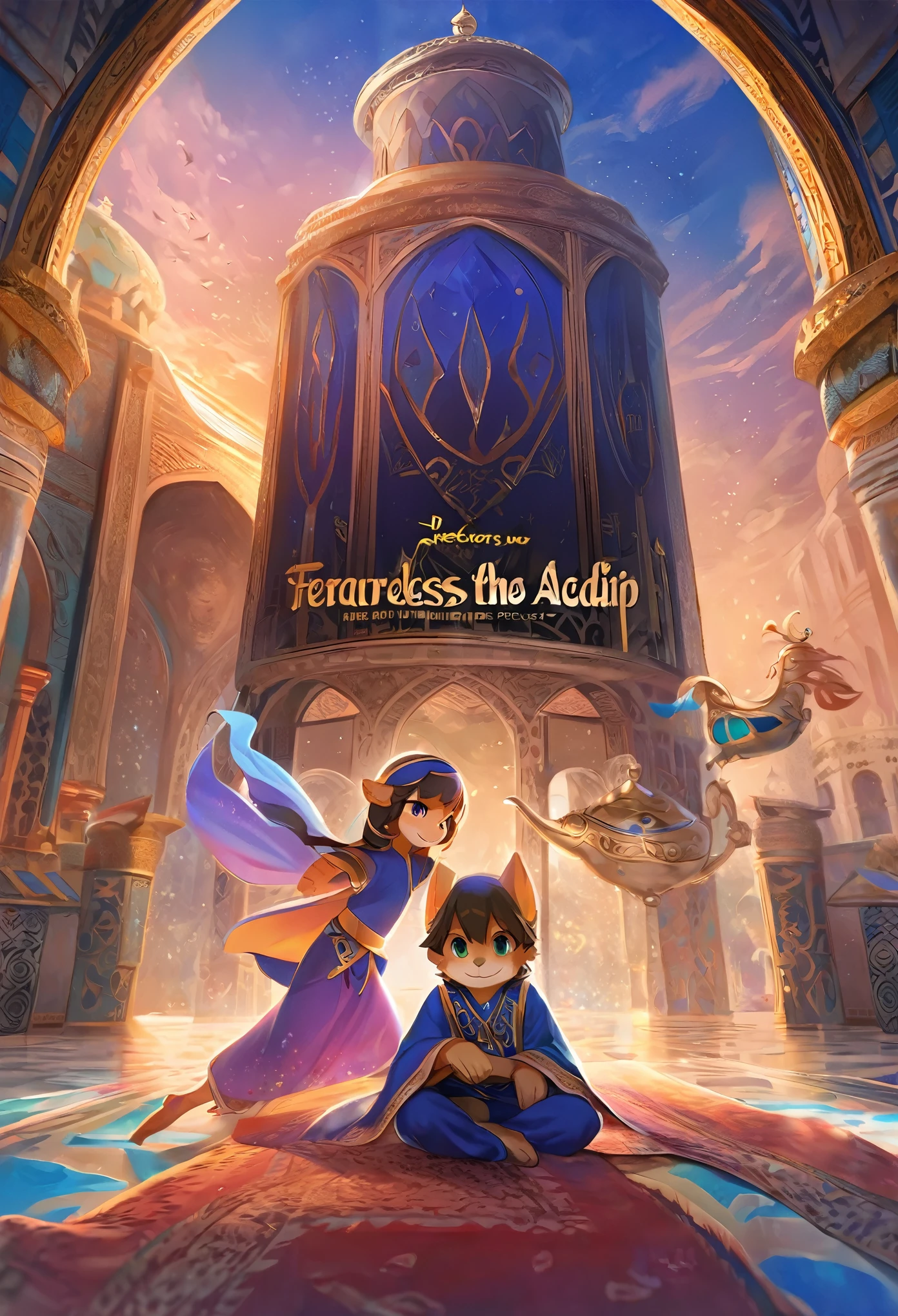 movie poster, highres, top quality, best quality, paid reward available, unparalleled masterpiece, perfect artwork, absurdres, High-quality illustrations, super high resolution, detailed background, perfect anatomy(1girl, 1boy, couple, kemono, furry anthro, fearless smile, Arab national costume, love romance)Aladdin and the magic lamp,