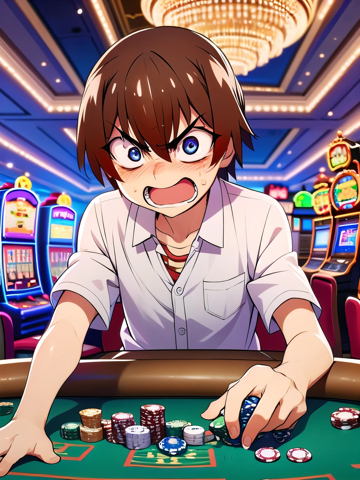 (keiichi_maebara), Anime screenshots, masterpiece, highest quality, One boy, alone, brown hair, blue eyes, hair between eyes, (((getAngry, crazy eyes, frustrated, blush, anger, anger vein, holding, reaching out, constricted pupils, too many pocker chip,upper body))),poker chip,depth of field,indoors,casino,casino card table,leaning forward,slot machine,casino room,carpet,