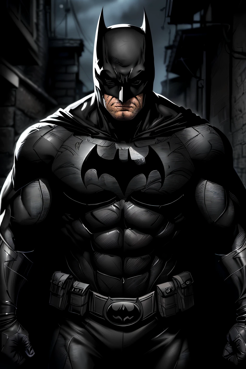 (masterpiece, best quality, ultra-detailed, comic book art style, dark and moody, intricately textured, Batman's iconic symbol on chest, brooding expression, muscular physique, realistically portrayed scars, detailed cowl, high-definition, intense, dark colors, cinematic lighting, intensely focused eyes, faithful adaptation to the character, masterful shading, dynamic pose, 6K, trending, graphite pencils and ink)
(a crime-fighting vigilante known as Batman, standing in the shadows of an alleyway, careful and alert, protector of Gotham City, detailed cape billowing behind