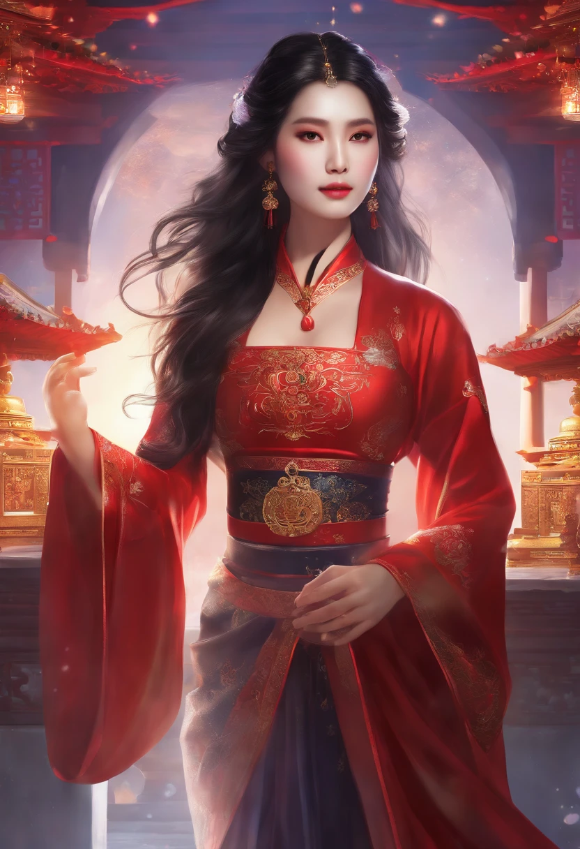 (masterpiece, highest quality, highest quality, Official Art, beautifully、aesthetic:1.2), girl, Detailed face, Long black hair,Upper Body, Chinese Goddess, Red traditional costume,Violet Corset, , Celestial, Cosmic, very beautiful, High resolution, (In the background is a Chinese shrine), Glowing effect, Most detailed, Suspended particles, , Geometric pattern, Void 3 Energy , where, Shadow, Spectacular atmosphere, Our Lady, Golden God Ornament, Beautiful accessories made of agate and jade, mysterious, Two hands, Wearing a power stone