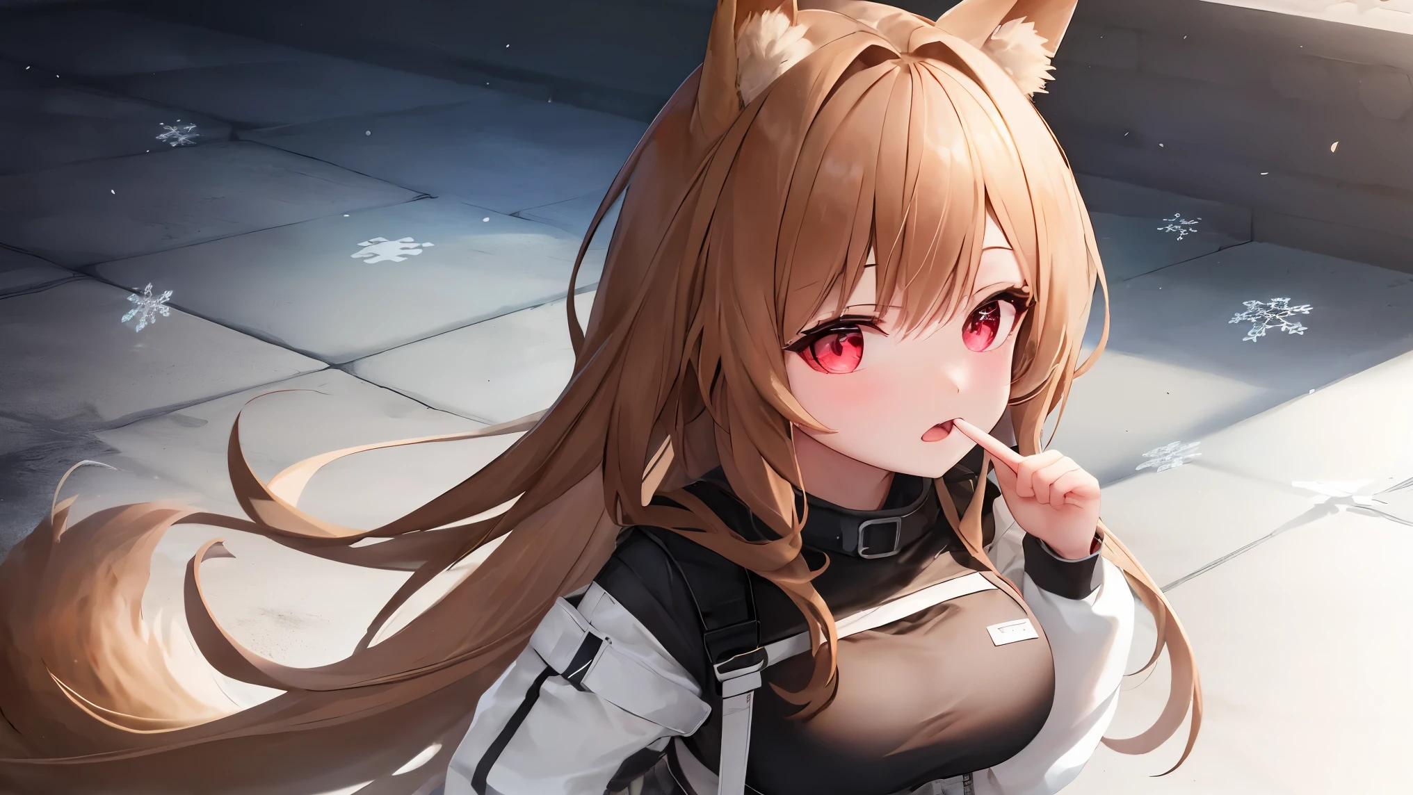 (best quality,high resolution,masterpiece:1.2), extremely detailed CG unity 8k wallpaper, Super detailed, 1 girl, Harmonious finger proportions, wallpaper, Dark background, falling snowflakes, Put your hands behind your back, (from above), (look up), Lovely, animal_ear, long_hair, dog_ear, Brown_hair, Bangs, Red_Eye, dog_girl, Open it_Mouth, breast, blush, hair_between_Eye, Very_long_hair, White leggings, 