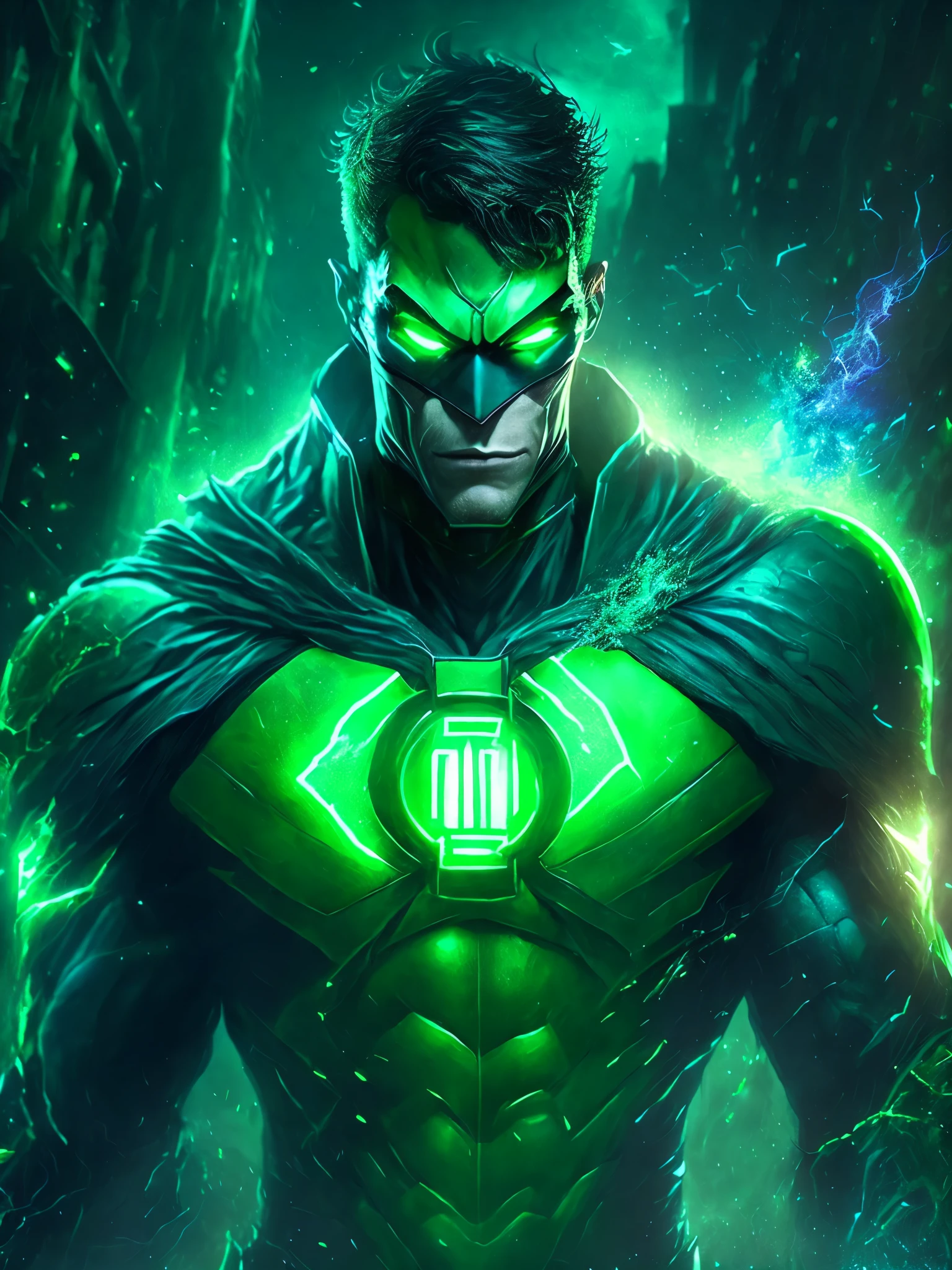 gloomy portrait of God Green Lantern from DC, extremely detailed, futuristic cityscape, nighttime, glowing neon lights, smoke, sparks, metal shavings, flying debris, blue energy effects, volumetric light