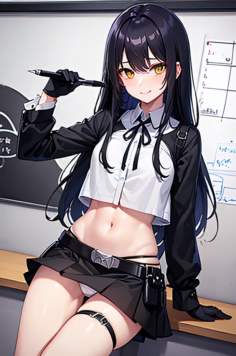 high quality、human、20generation、whole body((whole body、woman、Yellow Eyes、smile、Black and white long hair、Short shirt with a hem、Black gloves、Belt with holster、stomach、I have a pen、A long black skirt that shows off your legs、Skirt flip、Purple ribbon、White underwear、Panties in full view、Clothes are not taken off、Erotic、)) background((Whiteboard)) Written boundary depth、Visual Arts、high resolution、beautiful