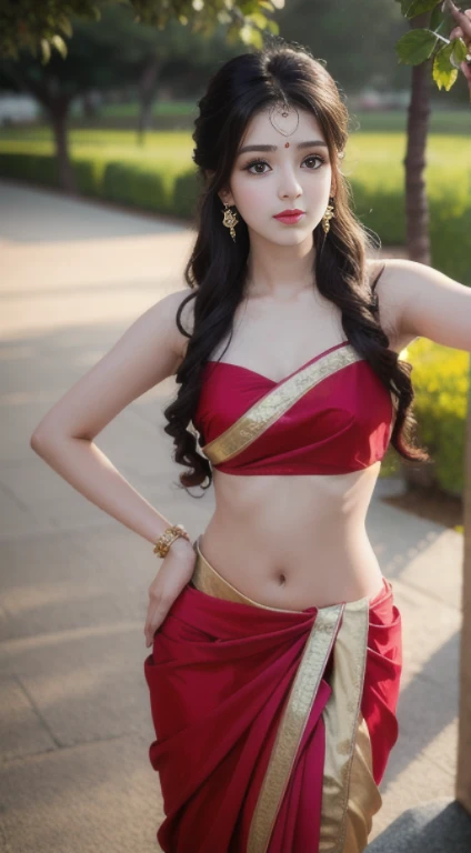 Realistic image of 24 year old Indian girl wearing golden sharee with red shining border, cute face slim body, awesome anatomy , nature background, flower on saree. Amazing background 