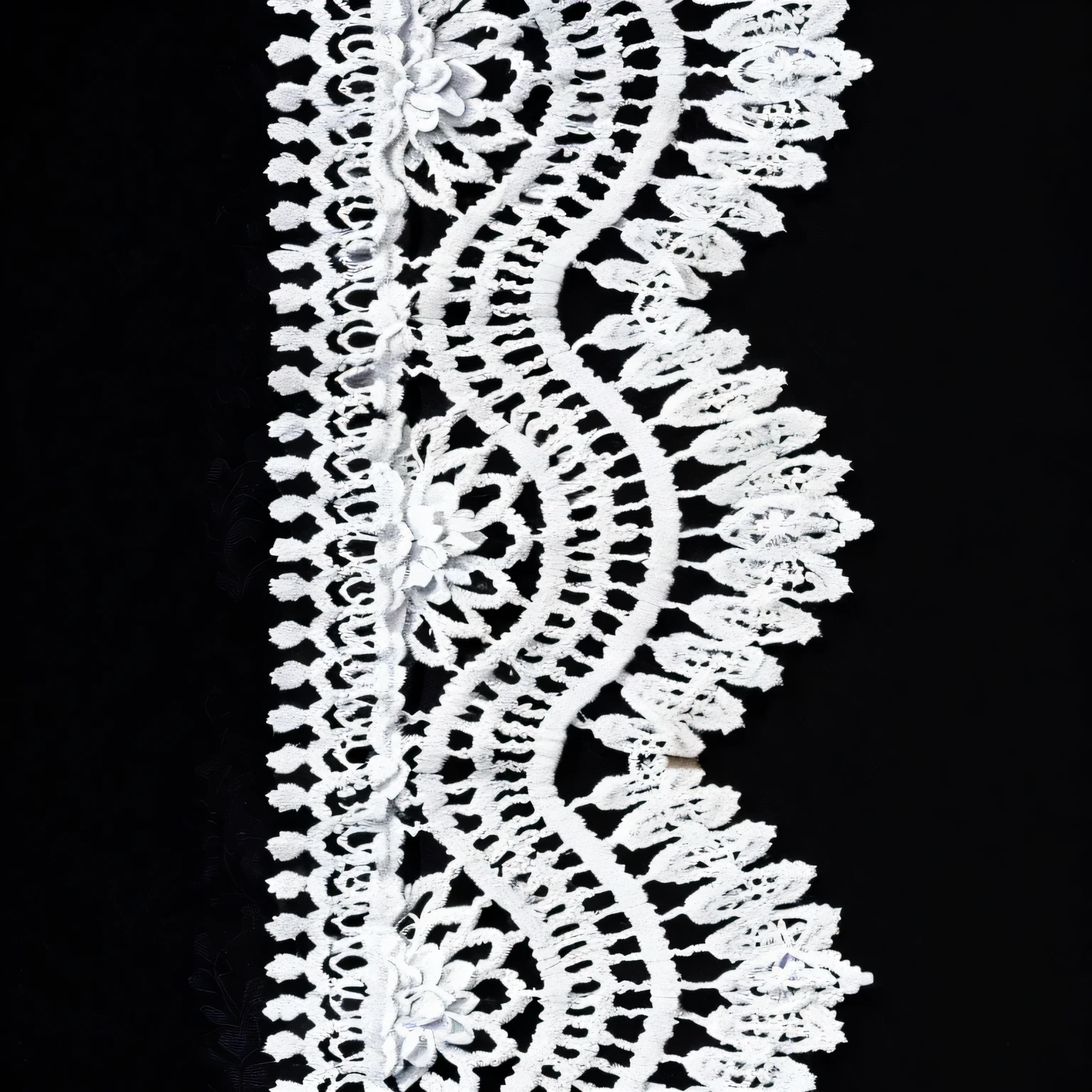 a close up of a white lace on a black background, lace, white lace, dressed in white intricate lace, fine cyborg lace, fine lace, metal lace, victorian lace, fine filigree foliage lace, fractal lace, white border, floral lacework, detailed lacework, white border and background, intricate lace, lace web, fine foliage lace, white borders