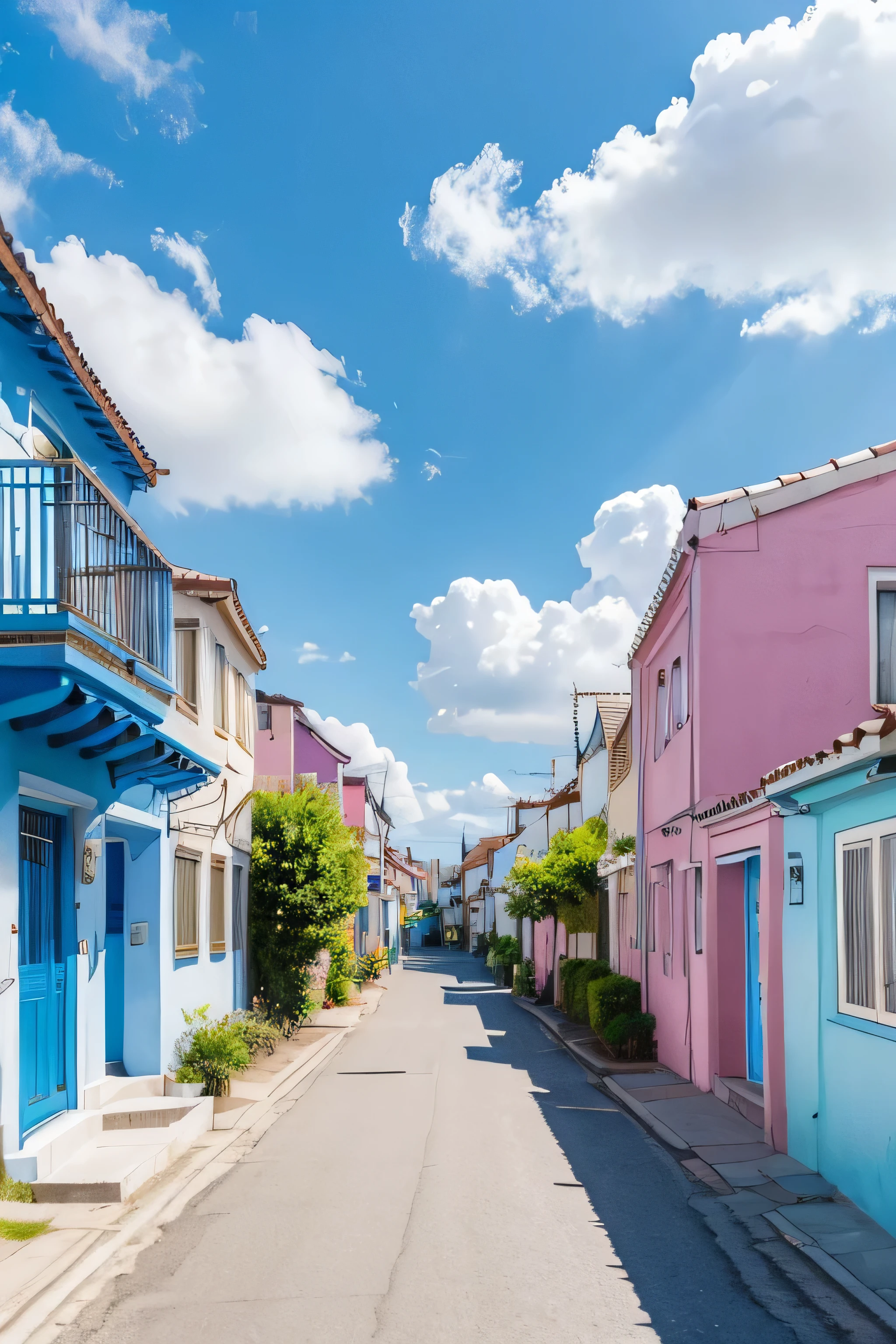 Watercolor small street,Blue sky and white clouds,pink,,Blue and colorful houses