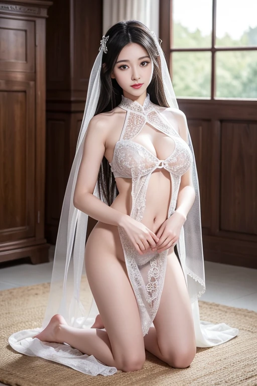 transparent clothes transparent clothes(Full body female:1.3),best quality, masterpiece, Ultra-high resolution, (lifelike:1.4), original photo, 1 female,35 years old, Black Hair, big eyes, Detailed eyes and face,Huge breasts,Thin waist,Long legs,Tie-front robe ,Bare shoulders,veil,No underwear:1.5,Silk clothes,Hollow material clothes,Transparent white yarn,kitchen:1.3,Kneel on the carpet,Put your hands on your head,barefoot,Smile,Obedient personality,maternal love,Infinite Grace,Give it personality,Super obedient,Infinite Grace,Absolute obedience;Happy expression,Obey everything,Obedient personality、Willing to give everything;,Full body view