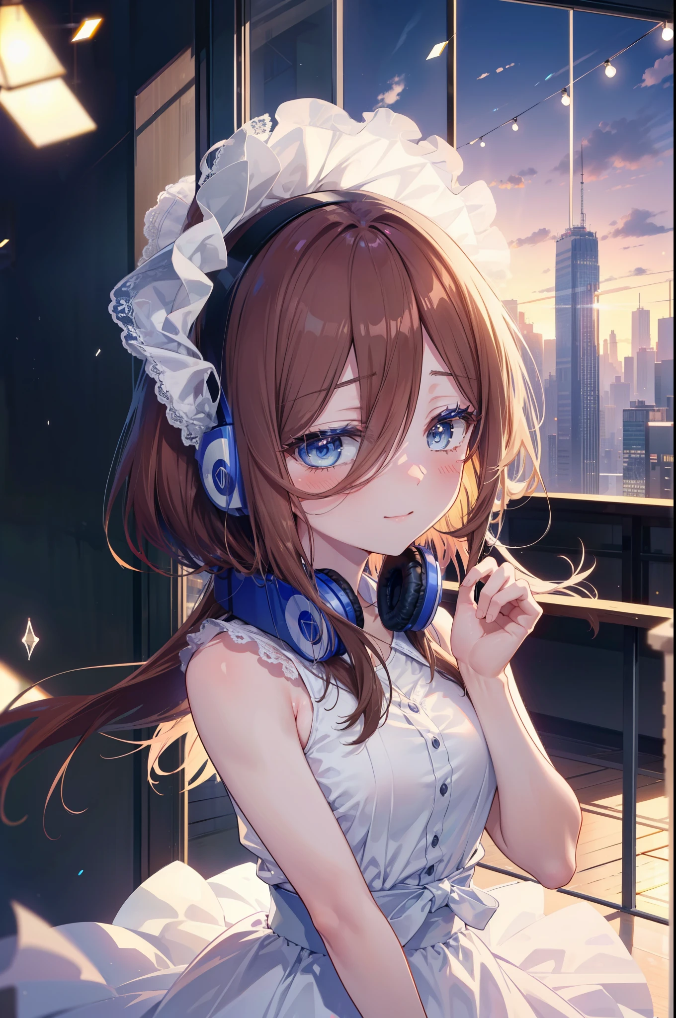 Miku Nakano, Miku Nakano, Long Hair, bangs, blue eyes, Brown Hair, Blue Hairband ,Hair between the eyes, Headphones around the neck,smile,blush,White Sleeveless Dress,Exposing shoulders,Bare arms,Long skirt,Cute Sandals,Daytime,sunny,happy smile, smile, Open your mouth,whole bodyがイラストに入るように,上から下へ覗いてる
break outdoors, city,construction area,
break looking at viewer,whole body,  (Cowboy Shot:1. 5)
break (masterpiece:1.2), highest quality, High resolution, unity 8k wallpaper, (shape:0.8), (Beautiful details:1.6), Highly detailed face, Perfect lighting, Extremely detailed CG, (Perfect hands, Perfect Anatomy),