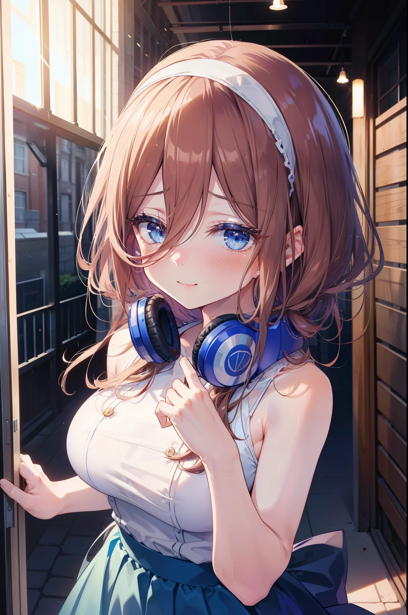 Miku Nakano, Miku Nakano, Long Hair, bangs, blue eyes, Brown Hair, Blue Hairband ,Hair between the eyes, Headphones around the neck,smile,blush,White Sleeveless Dress,Exposing shoulders,Bare arms,Long skirt,Cute Sandals,Daytime,sunny,happy smile, smile, Open your mouth,whole bodyがイラストに入るように,上から下へ覗いてる
break outdoors, city,construction area,
break looking at viewer,whole body,  (Cowboy Shot:1. 5)
break (masterpiece:1.2), highest quality, High resolution, unity 8k wallpaper, (shape:0.8), (Beautiful details:1.6), Highly detailed face, Perfect lighting, Extremely detailed CG, (Perfect hands, Perfect Anatomy),