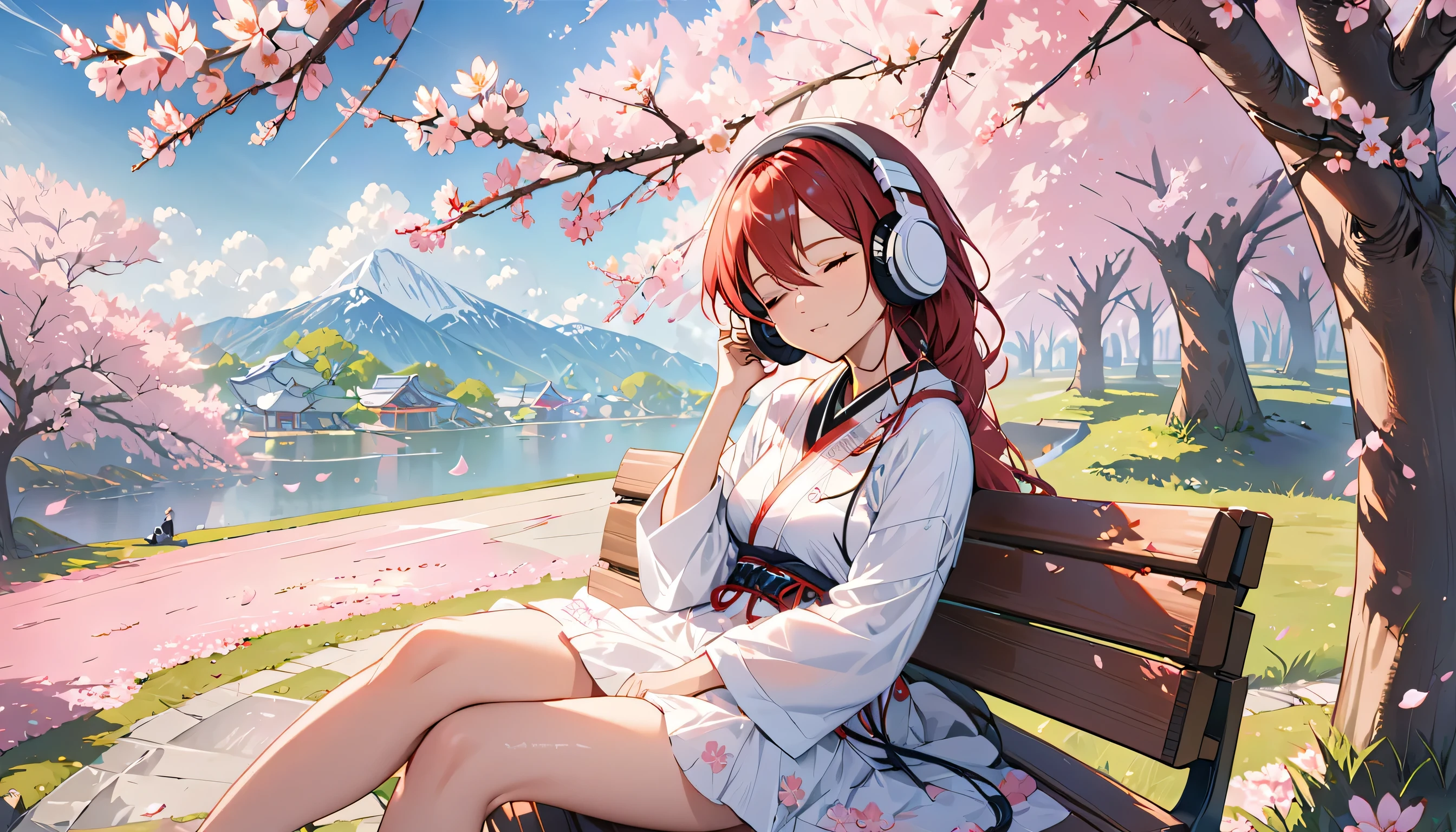 ((best quality)), ((masterpiece)), (detailed), perfect face, sitting under the cherry blossom tree, listening to music, One woman, wearing headphones, eyes closed, wearing underwear, underwear is transparent, sitting on a bench