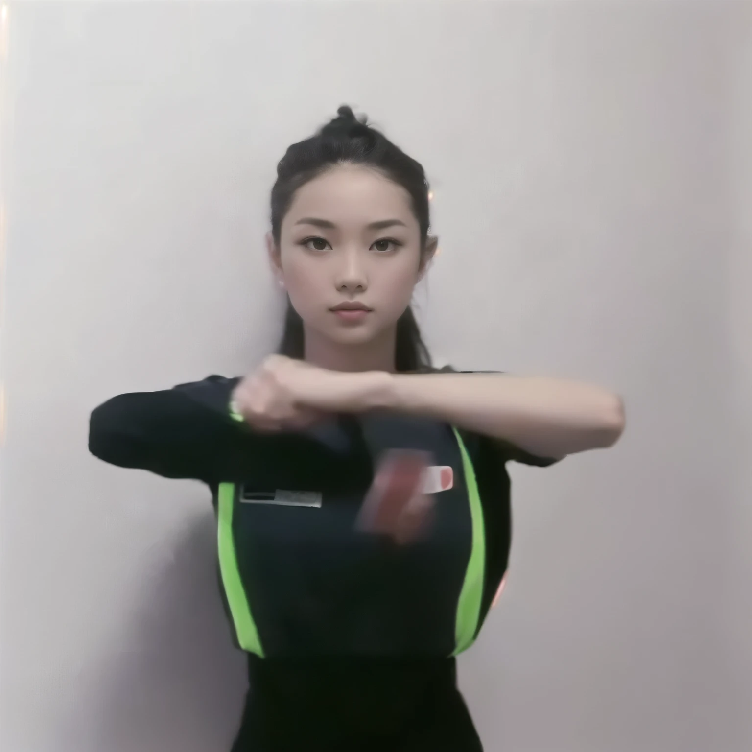 There is a beautiful basketball referee who makes a professional gesture of walking.