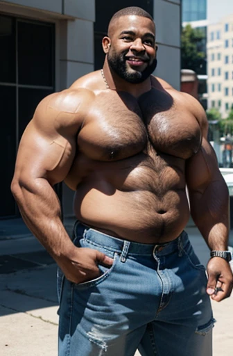 Two men kissing on the mouth construction workers African American shirtless obese full length bodybuilders with a very oiled body a sweaty smiling old man with a shaved head and big gray mustaches extremely muscular and extremely fat over 70 years old weighing more than 600 pounds very muscular very hairy big pecs with dark nipples gynecomastia in front of a building under construction wearing jean shorts
