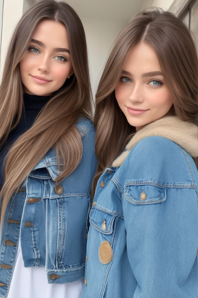 Professional photograph, best quality, 8K, hyper detailed, half body, A close up portrait of two gorgeous, beautiful, wonderful women, argentinian and russian females together posing for the camera, both women have super long hair, argentinian girl has brown hair and russian girl has dark blonde hair, the both of them are wearing winter clothing, both girls are wearing denim jackets. Both women are wonderful, dream, ethereal, timeless, majestic beauties from Argentina and Russia, they're glad, smiling and enjoying taking a picture in a residential building's terrace.