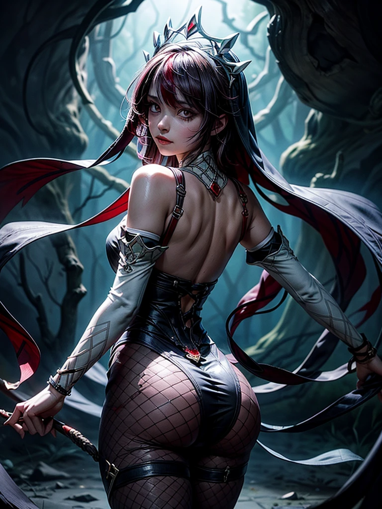 in the dark, mystical forest, a powerful and angry woman emerges from the depths of her own Creation. Her presence is accompanied by an intimidating aura....., emits ominous energy, striking fear into the hearts of everyone, who will meet her.. With her mesmerizing, sparkling eyes, she has the ability to think and manipulate others, Using your powers, corrupt the purest souls. Worn in torn condition, ethereal clothes, her anger is emphasized, as her figure is partially visible through translucent clothing, causing intrigue, Also, like a wish. There'There'There'there's an epic vibe around her...., as if the very fabric of reality bends to her will. She is surrounded by an otherworldly glow, throwing an eerie light onto the stage. In the background, ghostly figures float silently, representing souls, which she captured and enslaved. The air is filled with a feeling of foreboding, how ghostly ghosts silently mourn their tragic fate.. Highest overall image quality, Every intricate detail is carefully and masterfully drawn..... The artistic style combines elements of a dark portrait....., demonstration of the perverted beauty of the villain, and unearthly landscape, depicting a ghostly forest, which serves as her domain. Dark colors predominate in the color palette...., cool tones, emphasizing a dark and supernatural atmosphere. (high quality, Best quality), detailed skin, detailed background, bright, oil painting 1 girl, pale skin, , draw up, eyeshadow, Perfect eyes, perfect ass, juicy ass, night, Все тело Rosariadef, upper body, smile, blush, on open air, day, Simple background, Rosariadef, upper body, smile, blush, on open air, day, Simple background, blue sky, short hair, sky, Temple, I look at the viewer, ladder, mountain, moody lighting,,pale skin,fishnet tights