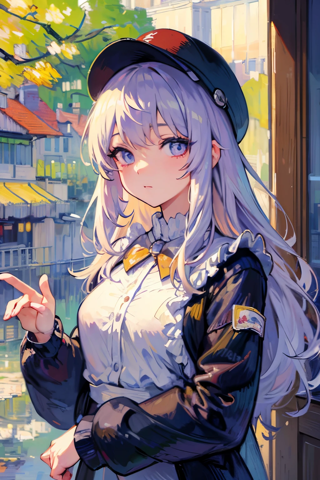 masterpiece, Best quality, 4k, UHD, Mishojo, Drawing, beautiful eyes and detailed face, illustration, beautiful detailed, high resolution illustration, luminous_white_particles, 1 girl, white hair, light purple eyes, hair over one eye, short side piece, baseball cap,inexpressive, Window Curtain, black jacket, chest installation, cyberpunk, technical clothing,(impressionism:1.4), Vincent van Gogh