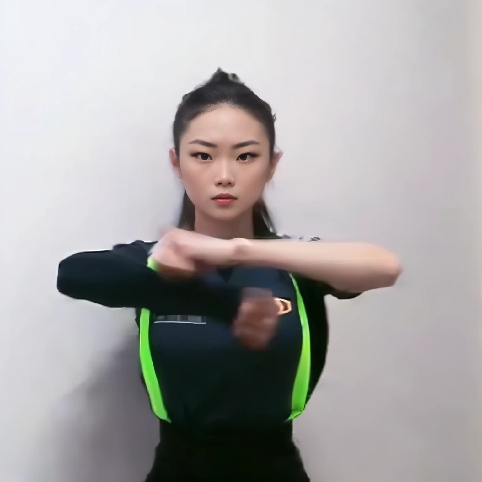 there is a woman that is standing up with a bat, in the style of sifu 🔥 😎 🕹️ 👀 :2, waist reaching ponytail, dynamic moving pose, chinese ribbon dance, wenfei ye, shooting pose, 2 arms and 2 legs, gongbi, arms extended, perfect dynamic posture, t pose, xision wu, fighting stance, fighting posture