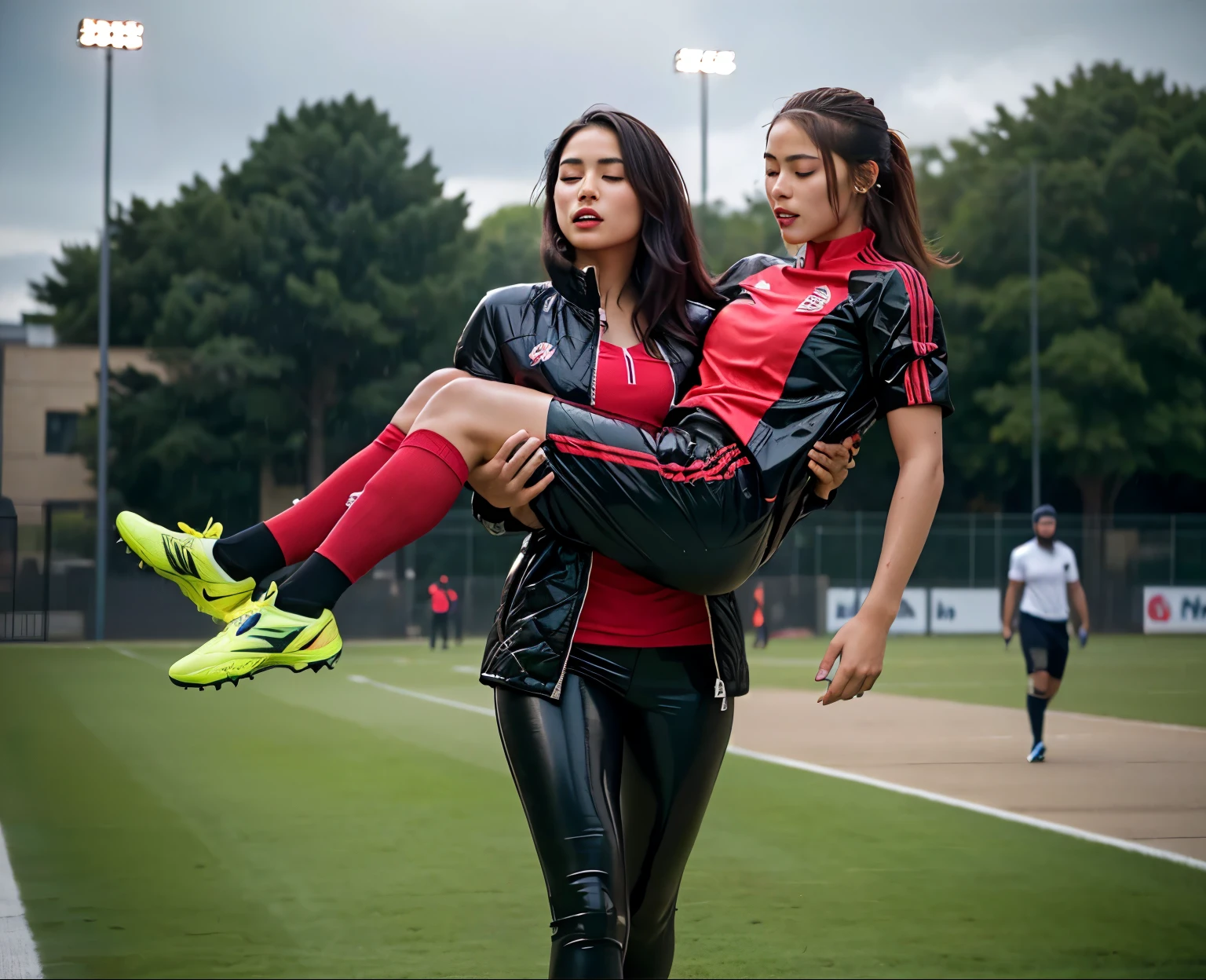 a portuguese girl in a laquered and very shiny quilted coat carries a man soccer player, a woman carries a man, a portuguese woman carries a male soccer player in her arms, rainy weather, rainfall, humid, girl carries guy, lift and carry, an excessively madeup latino-girl in a high-shine wet black latex downcoat, a soccer scene, very matte cotton soccer sportswear on a well shaped male body, a soccer injury, first aid carry at a soccer match, a young madeup latino-girl in a shiny black vinyl downjacket, a madeup latino-girl in a shiny plastic-downcoat, a very sad and desperately crying latino-girl, an intensely madeup latino-girl in a glossy black vinyl-downcoat, latino-girl with lipstick, latino-girl with smoky eyes, dramatic action pose, woman that is carrying a skinny shorthaired man, there is a beautiful woman in a shiny coat who is carrying a shorthaired blond man in her arms, a longhaired beautiful woman in a high-shine black puffy coat, a longhaired woman in a shiny downcoat, a woman is carrying a shorthaired man who is wearing black shorts, a weak shorthaired man in black shorts is consciousless and needs to be carried, a shorthaired man with closed eyes is carried in the arms of a longhaired latino-woman, a latino-woman looks very scared and terrified, a consciousless shorthaired man with closed eyes is suffering very much and has a very painful face, photo, photo shoot, photographed, arafed man being carried by a woman, very realistic, very very realistic, hyper-realistic, hyper - realistic, hyper realistic, jacket over bare torso, very disturbing, very hyperrealistic, super realistic, hyperrealistic!, extremely realistic, very very very realistic, super-realistic realistic, super-realistictic!, extremely realistic, very very very realistic, super-realistic realistic, super-realistic