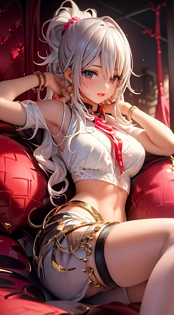 masterpiece,top quality,1 cute girl,very transparent sparked tyte-fitting sheer white lingerie,silber long ponytail hair,sitting bed,slim west,ultra biggest large brest,fashion model pose,red tieek,open mouth,looking shorts,Squeeze the ,big open legs,