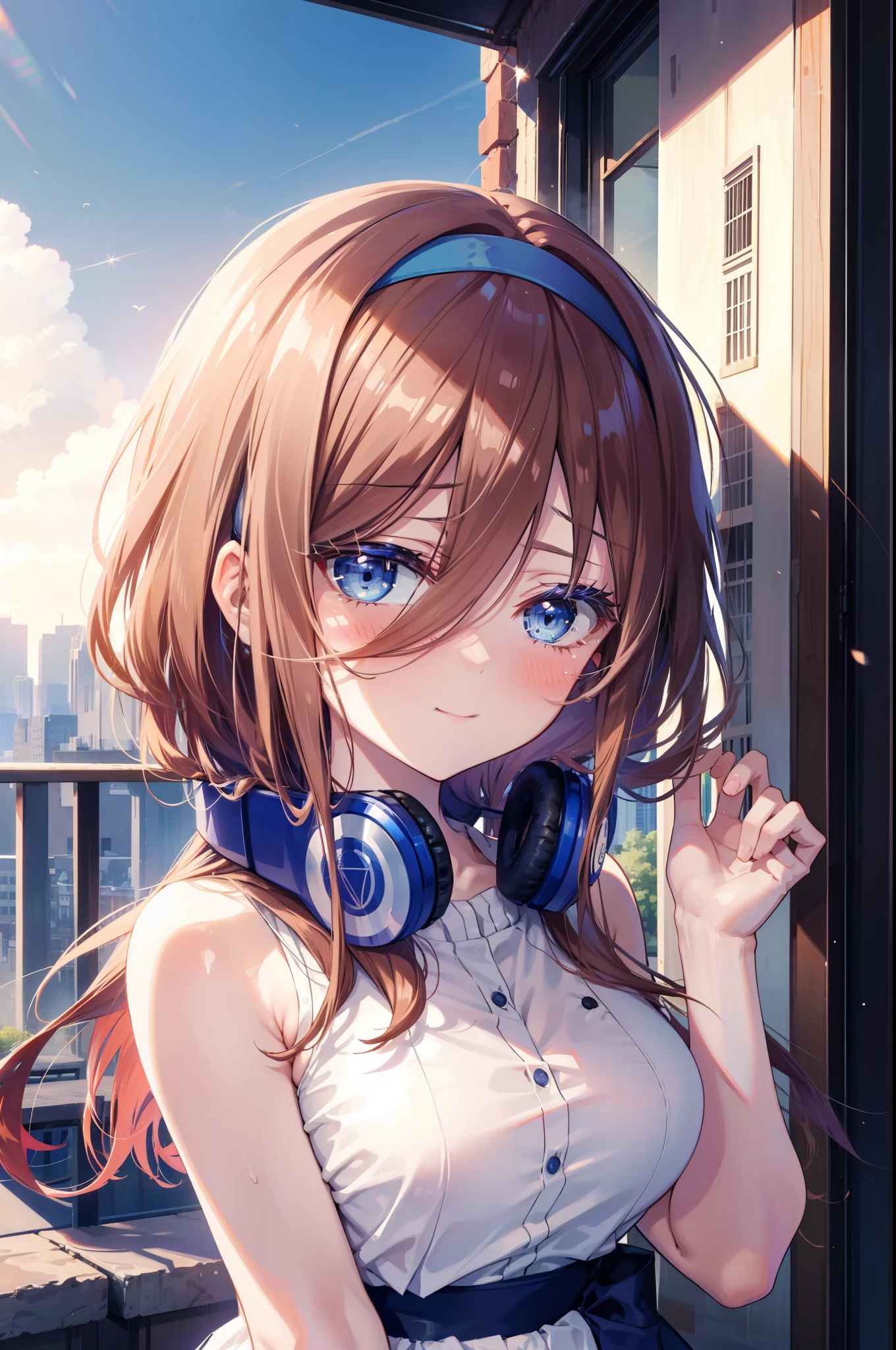 Miku Nakano, Miku Nakano, Long Hair, bangs, blue eyes, Brown Hair, Blue Hairband ,Hair between the eyes, Headphones around the neck,smile,blush,White Sleeveless Dress,Exposing shoulders,Bare arms,Long skirt,Cute Sandals,Daytime,sunny,happy smile, smile, Open your mouth,whole bodyがイラストに入るように,上から下へ覗いてる
break outdoors, city,construction area,
break looking at viewer,whole body,
break (masterpiece:1.2), highest quality, High resolution, unity 8k wallpaper, (shape:0.8), (Beautiful details:1.6), Highly detailed face, Perfect lighting, Extremely detailed CG, (Perfect hands, Perfect Anatomy),