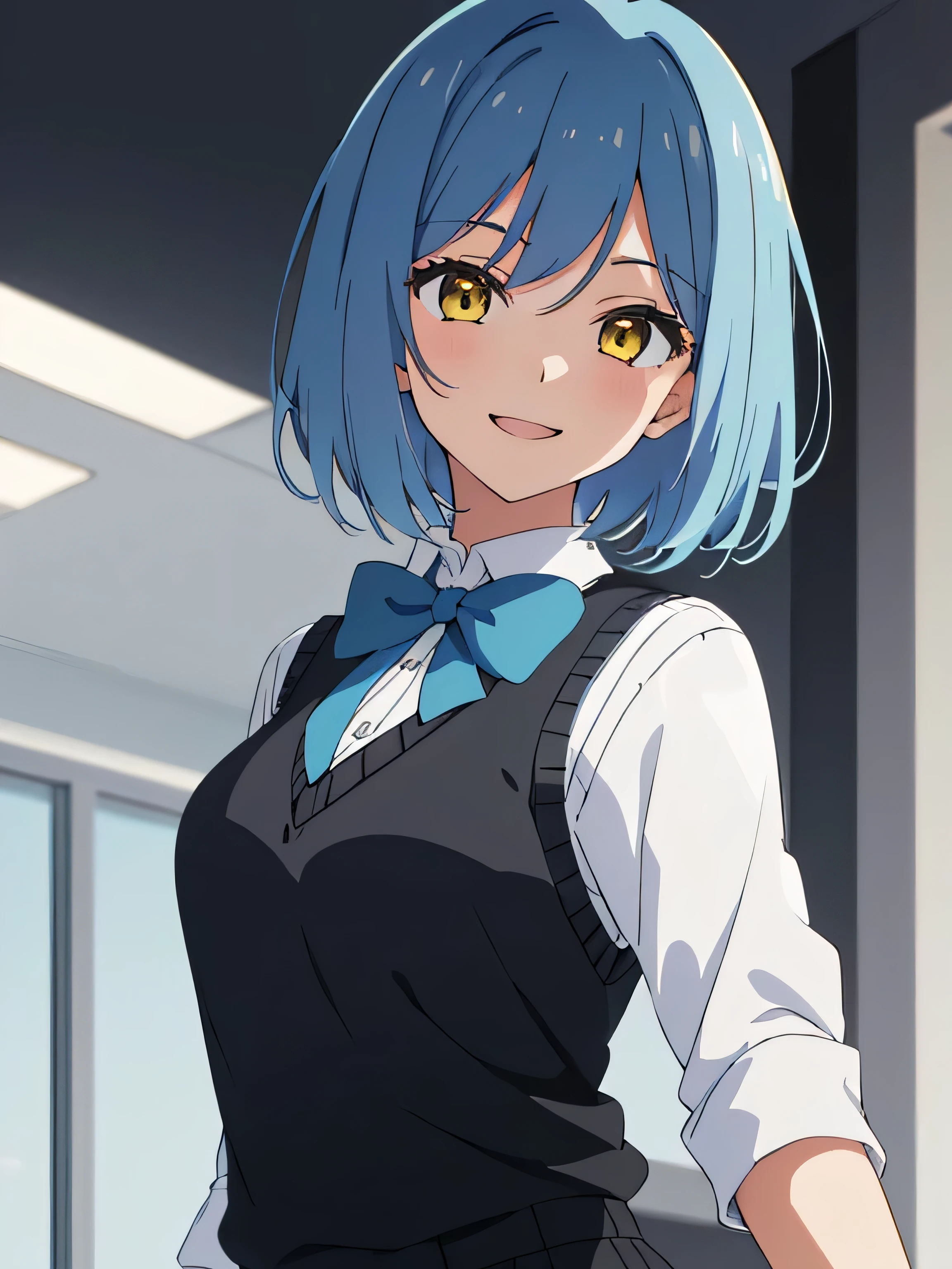 beautiful lighting, 1girl in, solo, Sky blue hair, short hair length, Golden Yellow eyes colour, white shirt, Sweater Vest, Black vest, Blue tie, ((anime styled))、((2D))、A smile、Open your mouth, (masterpiece)