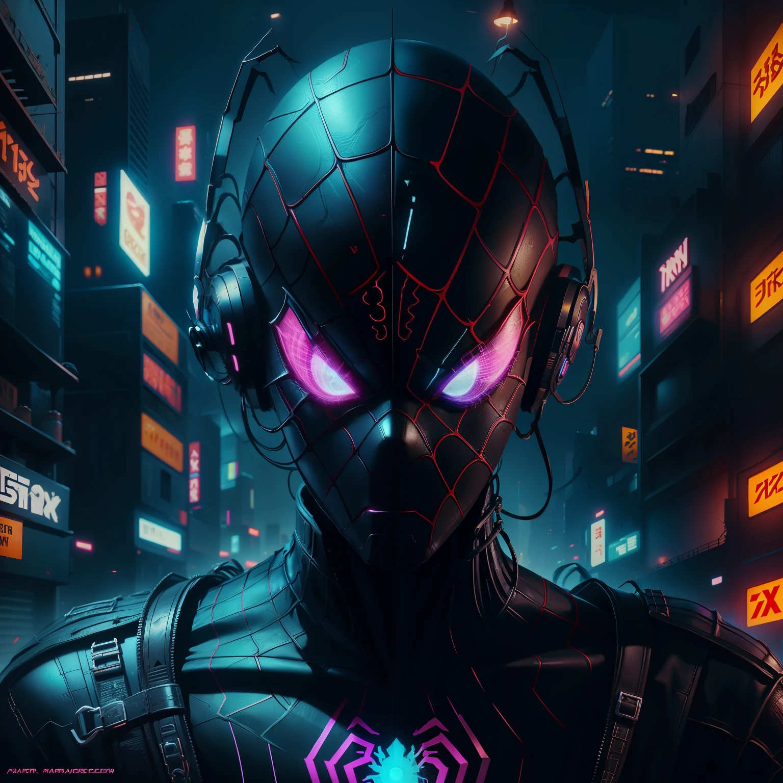 black spider man,dark background, cyberpunk handsome