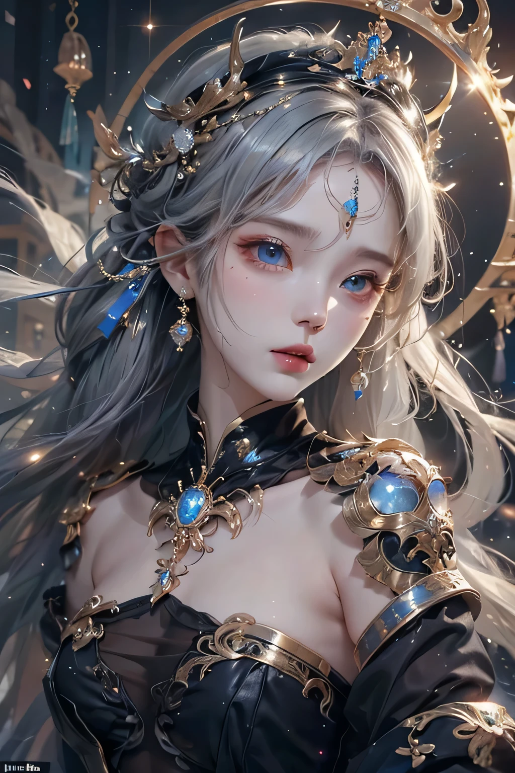 (((Full body view,1st from the bottom.3)))、Night scene,stella,(White Hair Girl:1.5),((masterpiece))、(detailed:1.4)(Close-up)、angle from above、(Backlight)(A fantastic atmosphere、Ancient Capital、Fantastic beauty images,One Woman、White Dust、Light Danceysterious atmosphere、Suspended particles), (Black Dress、long dress with sleeves、Shoulders exposed、Off the shoulder)、(Gray hair that changes with light、Long, lustrous white hair、white hair fluttering in the wind、Beautiful bangs:1.3)、(Beautiful white and shining skin、Cheek gloss highlight、Sexy and very beautiful and adorable face、The most beautiful face in the world、Big, sparkling blue eyes)、(A cute 25 year old girl、Ample breasts、Great cleavage small waist、delicate shoulders、Perfect figure)