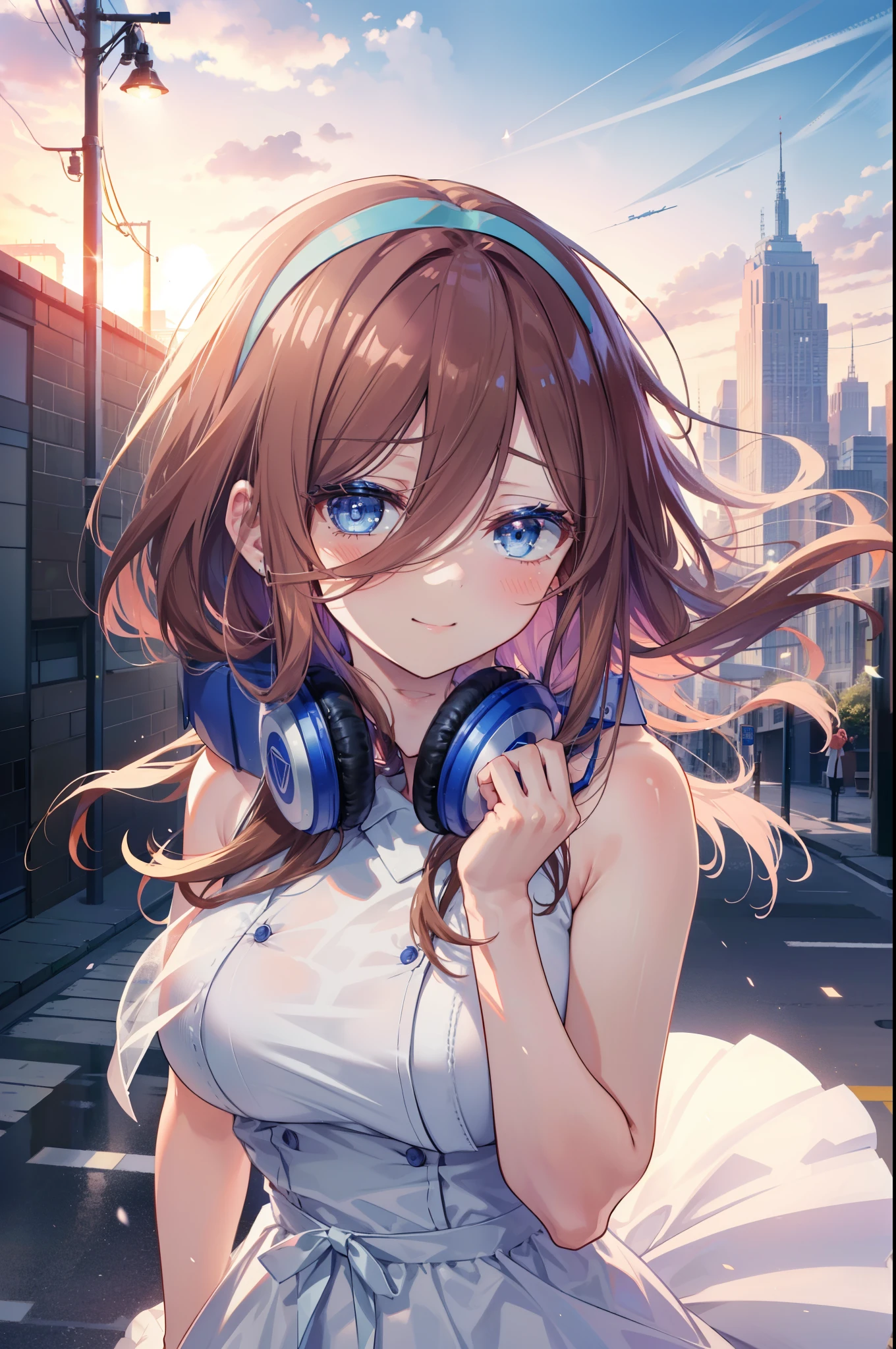 Miku Nakano, Miku Nakano, Long Hair, bangs, blue eyes, Brown Hair, Blue Hairband ,Hair between the eyes, Headphones around the neck,smile,blush,White Sleeveless Dress,Exposing shoulders,Bare arms,Long skirt,Cute Sandals,Daytime,sunny,happy smile, smile, Open your mouth,whole bodyがイラストに入るように,上から下へ覗いてる
break outdoors, city,construction area,
break looking at viewer,whole body,  
break (masterpiece:1.2), highest quality, High resolution, unity 8k wallpaper, (shape:0.8), (Beautiful details:1.6), Highly detailed face, Perfect lighting, Extremely detailed CG, (Perfect hands, Perfect Anatomy),