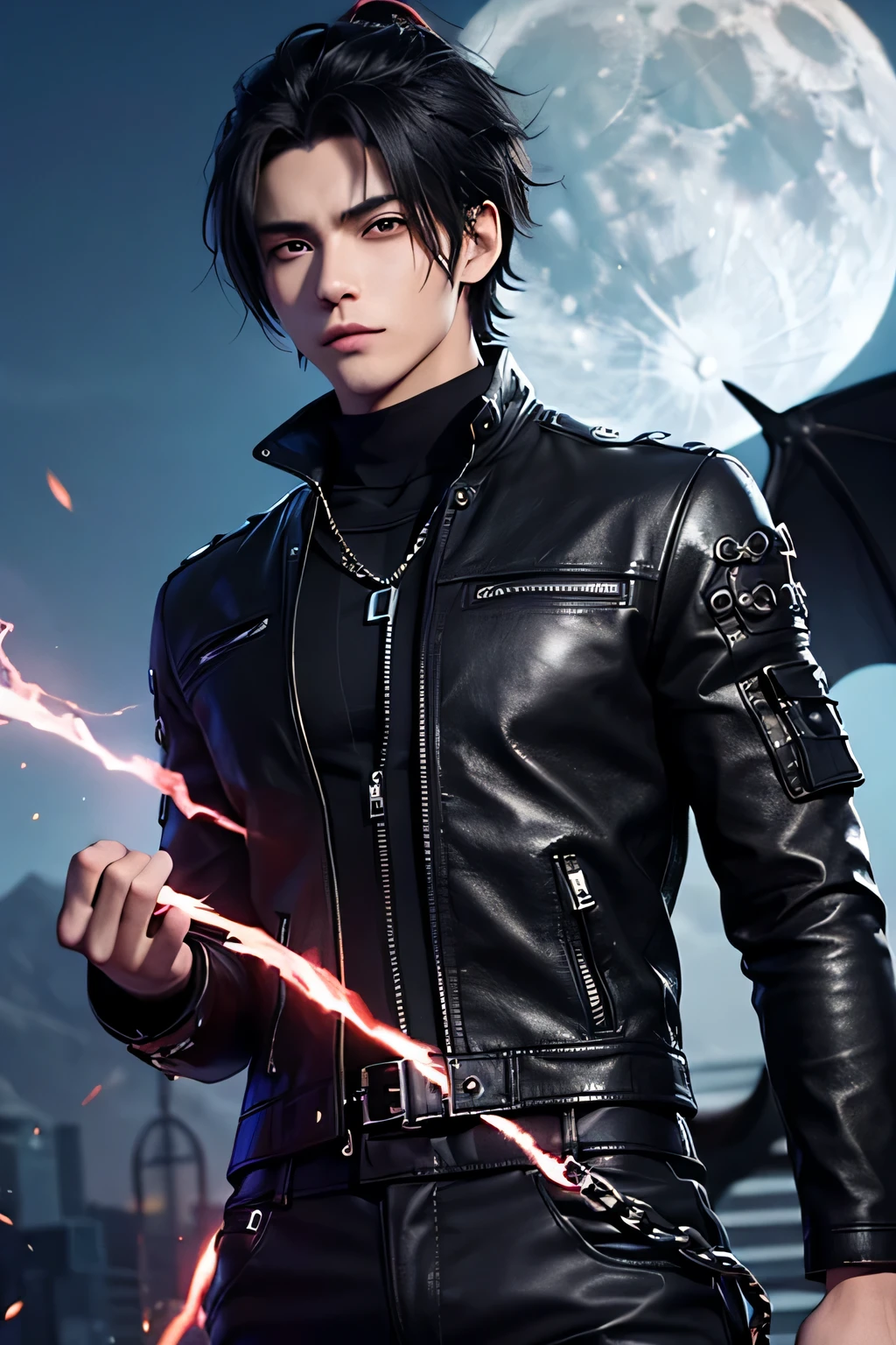 (((ung man 21 years old))), anime character with short hair, small ponytail at neck, black hair, deserted background, ((large moon)), handsome man in demon slayer art, epic fantasy art style, badass anime 8k, epic fantasy digital art style, detailed digital anime art, human male demon, portrait of hades, epic fantasy art style hd, fierce expression 4k, perfect eyes, perfect skin, demon male, extremely detailed artgerm, wearing black leather jacket, black turtleneck shirt, black leather long pants, metal chain at waist, electrical sparks