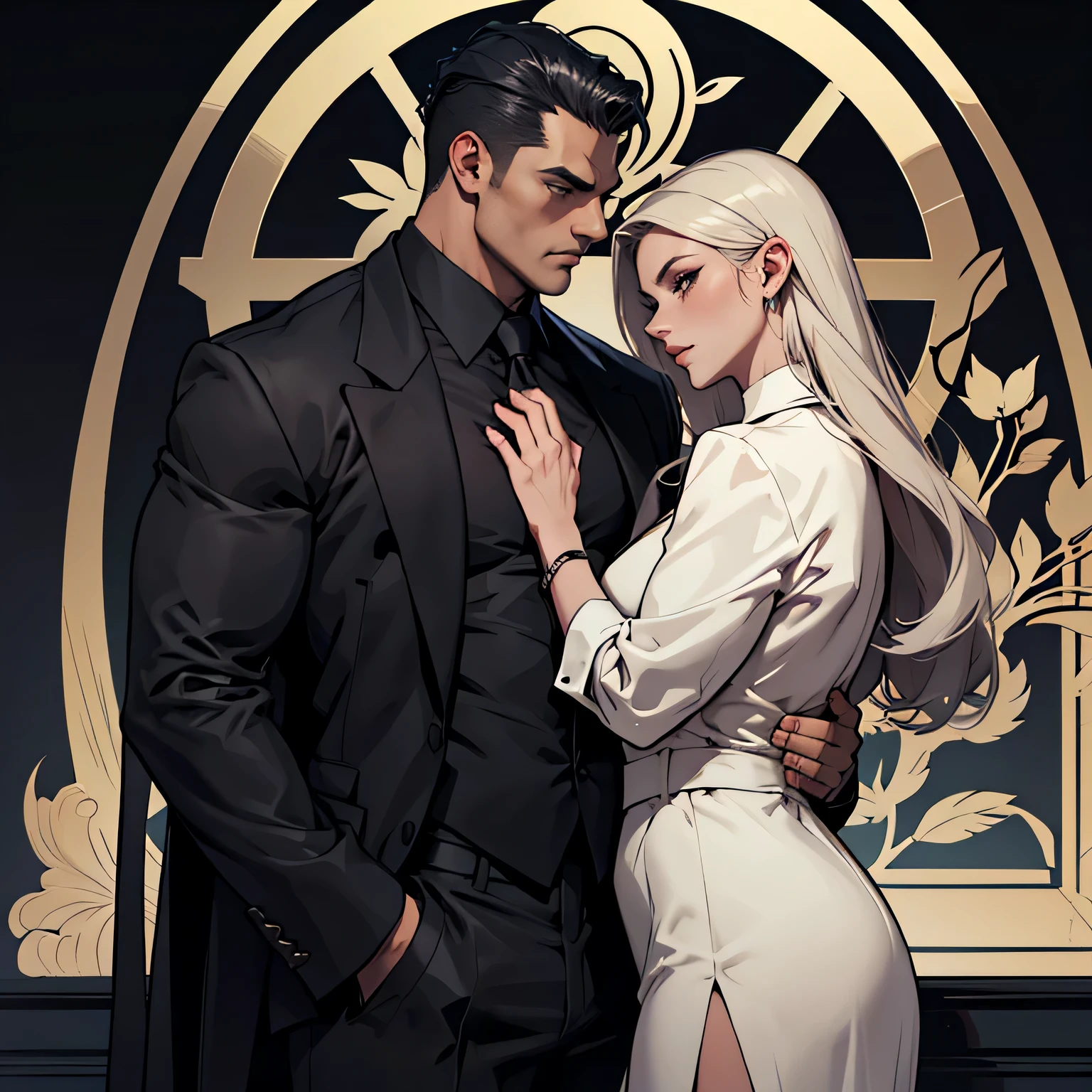 A Mafia boss clad in a black silk shirt his chest exposed, holding a  woman clad in bodyguard attire. The background is all black silk.