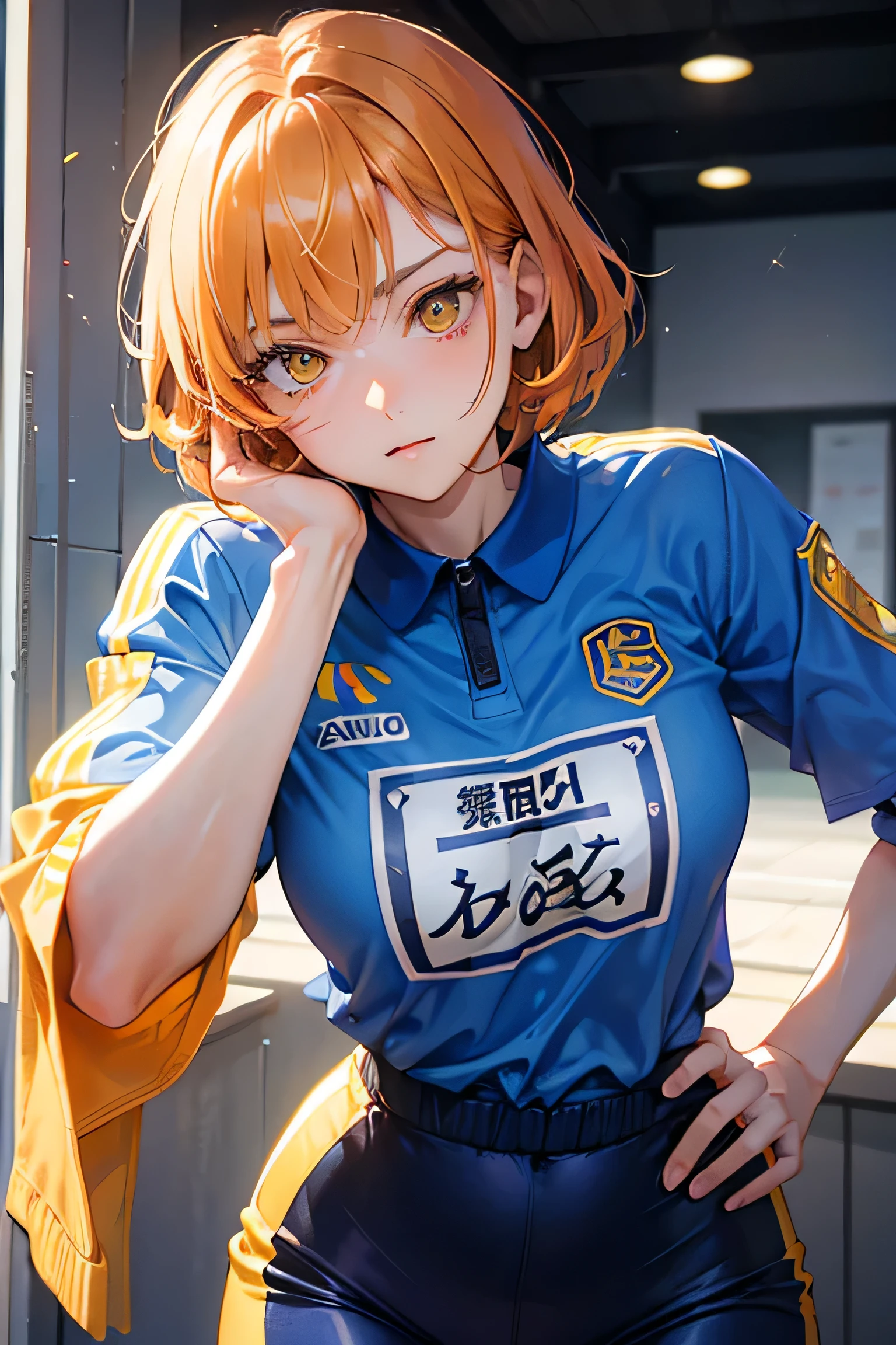 Cool adult woman with yellow eyes wearing a sports uniform、1 person、Mikage Leo Style、Orange brown short hair、Bold poses and expressions、Self-righteousness, Condescending attitude、hologram、masterpiece、That's excellent、Spread your hands、Exposure is modest、In a blue prison