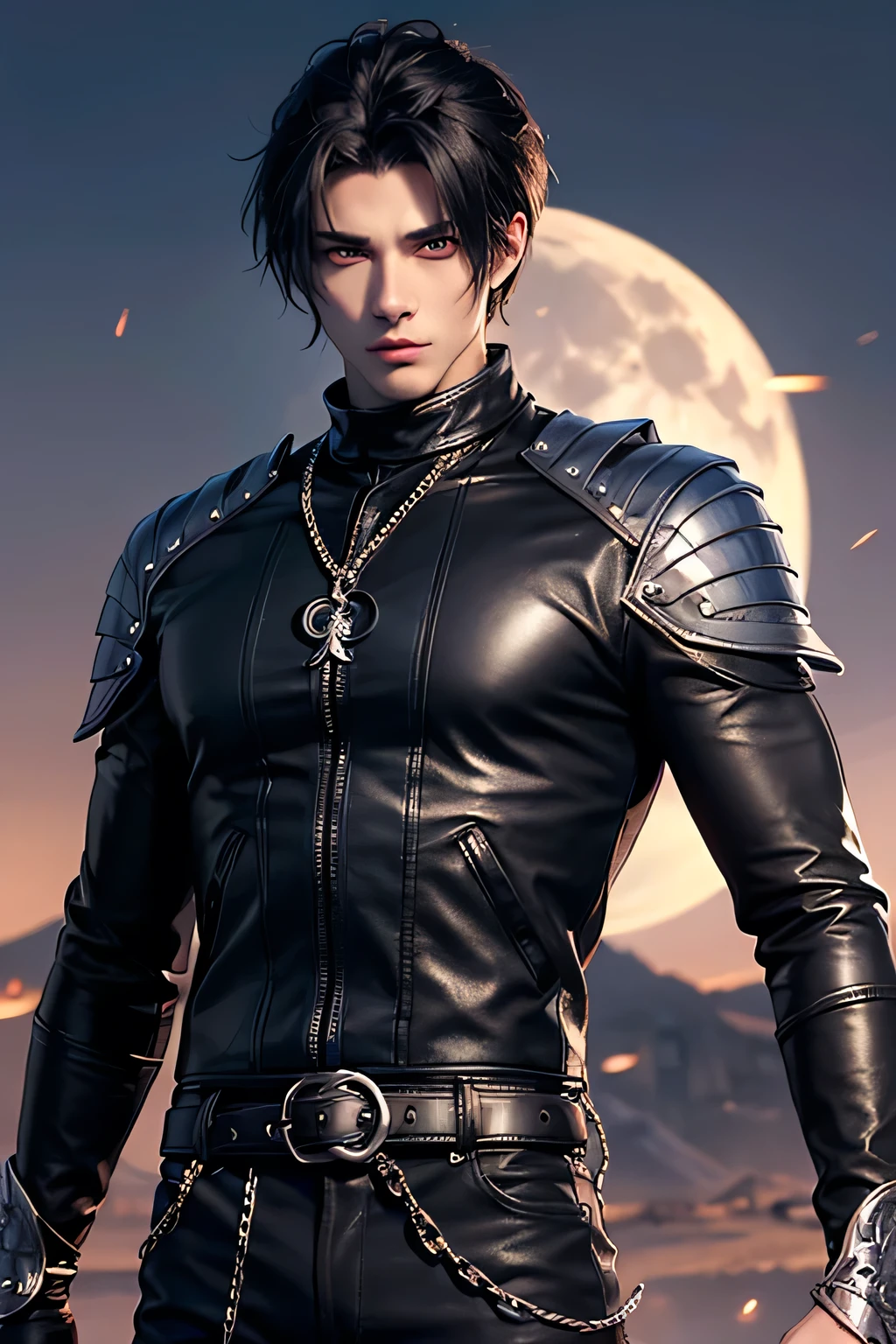 (((1 young man 21 years old))), anime character with short hair, small ponytail at neck, black hair, deserted background, ((large moon)), handsome man in demon slayer art, epic fantasy art style, badass anime 8k, epic fantasy digital art style, detailed digital anime art, human male demon, portrait of hades, epic fantasy art style hd, fierce expression 4k, perfect eyes, perfect skin, demon male, extremely detailed artgerm, wearing black leather jacket, black turtleneck shirt, black leather long pants, metal chain at waist, electrical sparks