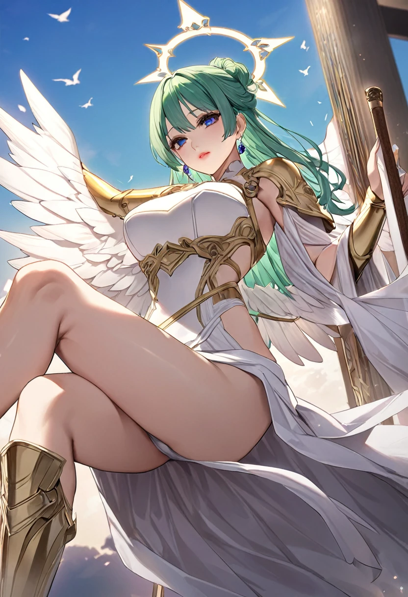 masterpiece、highest quality、Ultra-high resolution、Maximum resolution、Very detailed、Professional Lighting、anime、Adult women、thin、so beautiful、Beautiful eyes、Close your eyes、Beautiful face、Purple and white gorgeous dress、White breastplate、Wear golden arm and leg armor、Angel Halo、Purple Earrings、Green Hair、Blue Eyes、Pink Lips、Carrying a walking stick、On my back4Pure white wings、Spread your wings、fly in the sky、blue sky、Beautiful white underwear with a detailed pattern
