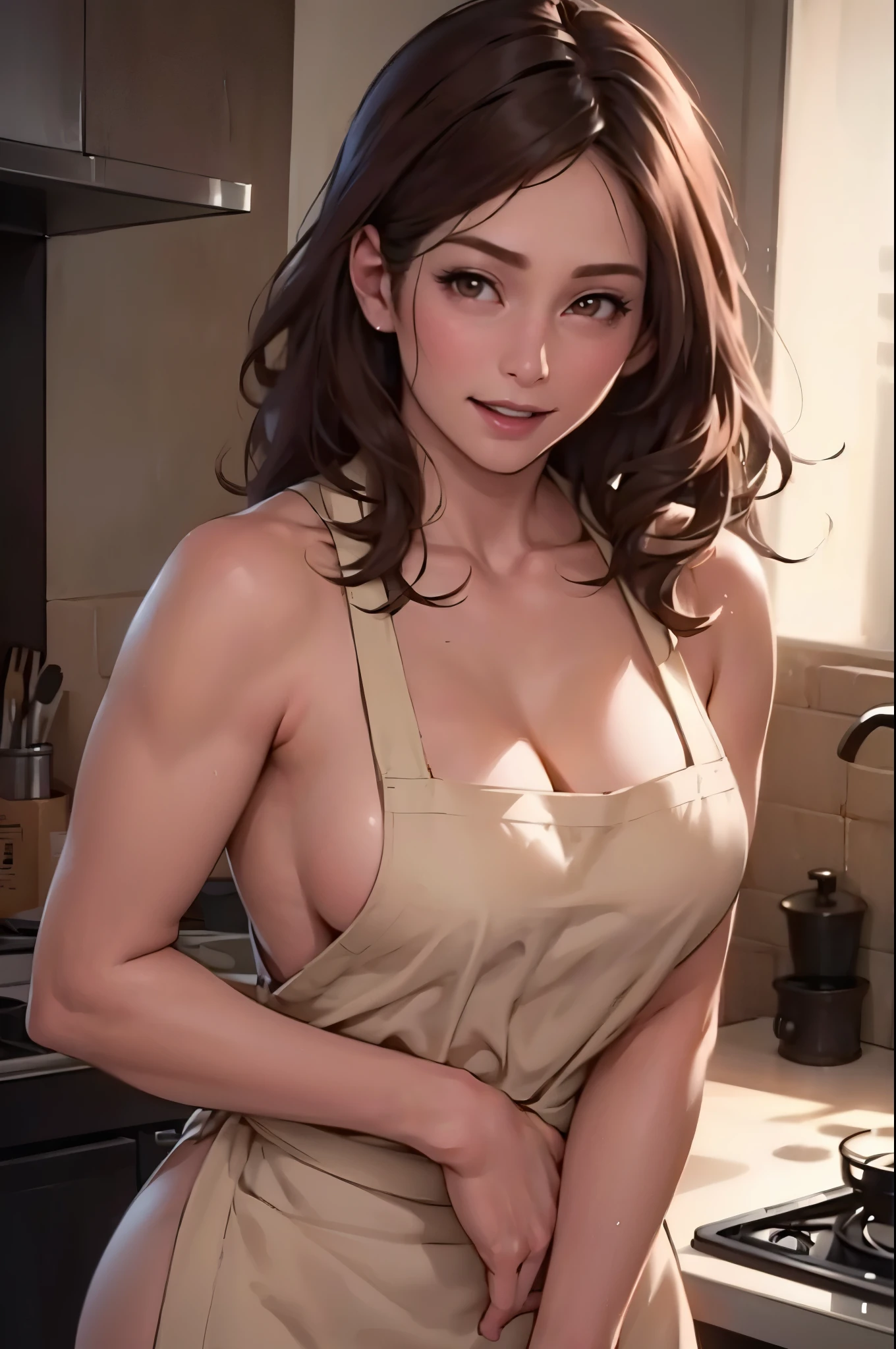 (NSFW), (RAW photo), (Realistic), (photo-realistic), ultra high resolution, masterpiece, highest quality, portrait, facial portrait, perfect lighting, detailed lighting, dramatic shadow, ray tracing, (((sharp focus))), 1 Japanese beautiful mature lady, 40 years old, Voluptuous, cleavage, plump body type, beautiful detailed brown eyes, red lips, big tits, big ass, big thick thighs, medium wavy hair, black hair, half open mouth, smiling, looking at viewer, wearing a nude apron, in a kitchen,