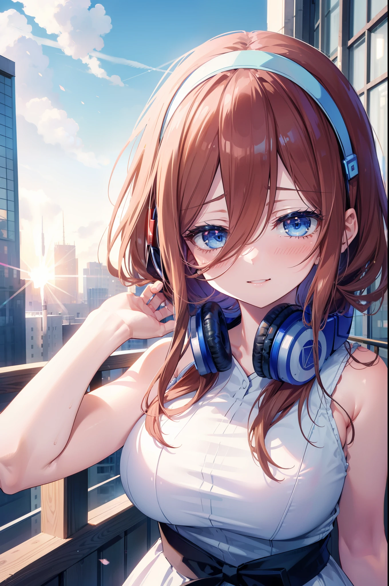 Miku Nakano, Miku Nakano, Long Hair, bangs, blue eyes, Brown Hair, Blue Hairband ,Hair between the eyes, Headphones around the neck,smile,blush,White Sleeveless Dress,Exposing shoulders,Bare arms,Long skirt,Cute Sandals,Daytime,sunny,happy smile, smile, Open your mouth,whole bodyがイラストに入るように,上から下へ覗いてる
break outdoors, city,construction area,
break looking at viewer,whole body,
break (masterpiece:1.2), highest quality, High resolution, unity 8k wallpaper, (shape:0.8), (Beautiful details:1.6), Highly detailed face, Perfect lighting, Extremely detailed CG, (Perfect hands, Perfect Anatomy),