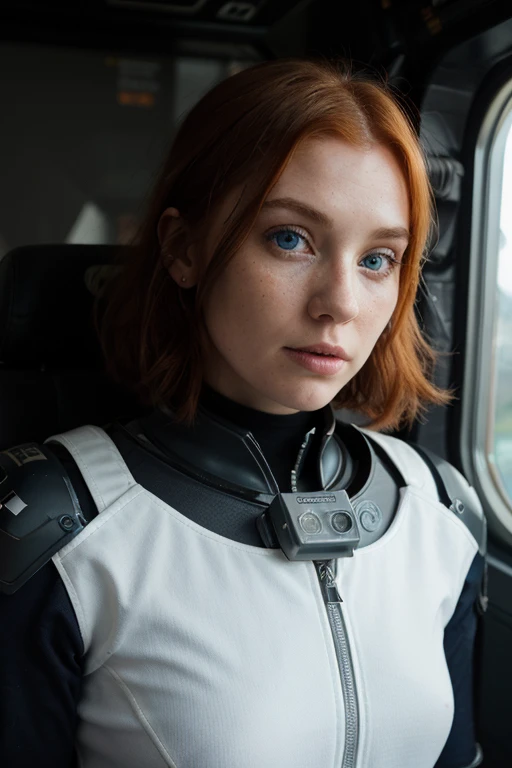 photo of a ginger woman, in space, futuristic space suit, (freckles:0.8) cute face, sci-fi, dystopian, detailed eyes, blue eyes