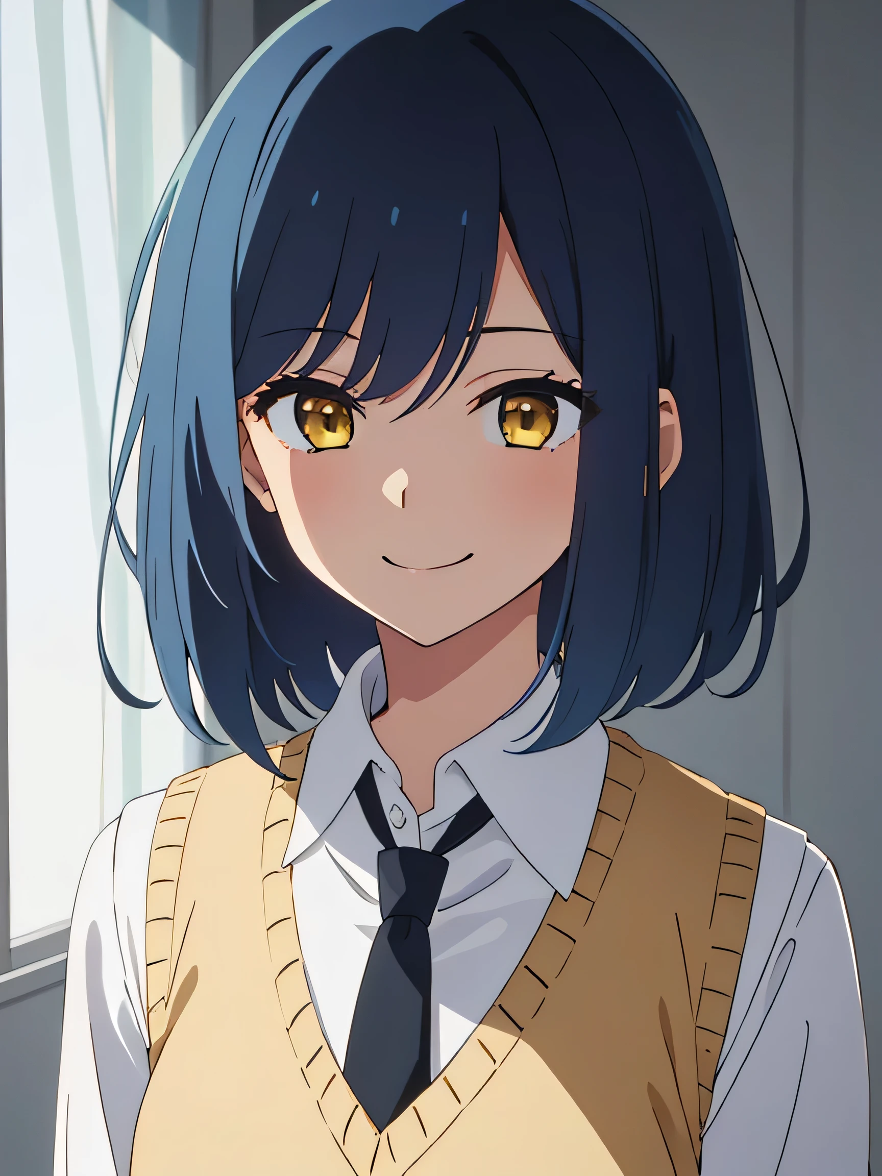 beautiful  lighting, 1girl in, solo, Sky blue hair, short hair length, Golden Yellow eyes colour, white  shirt, Sweater Vest, Black vest, Blue tie, ((anime styled))、((2D))、A smile、Open your mouth, (masterpiece)